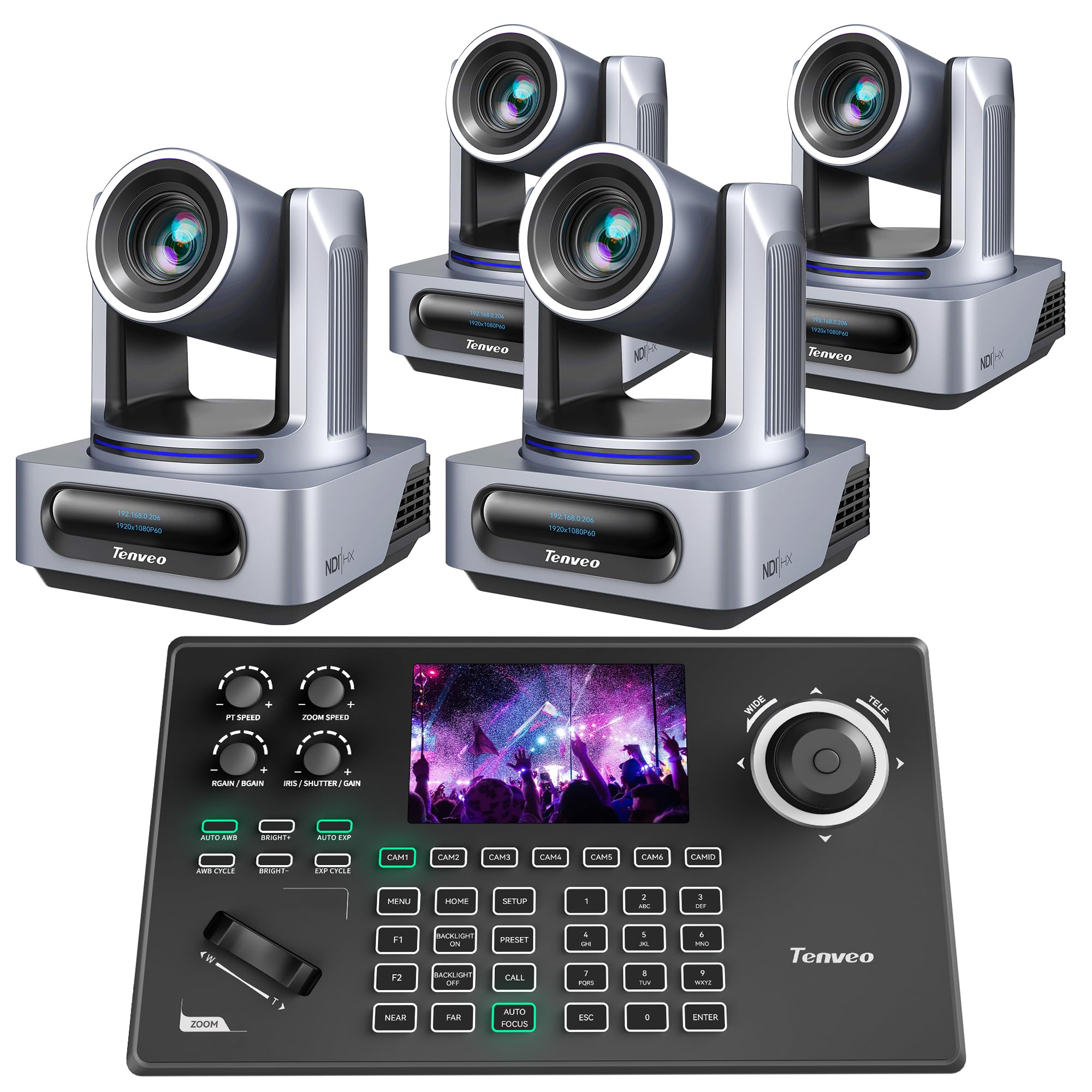 Tenveo Cámara PTZ con NDI, Seguimiento Automático de Rostro y Silueta Humana con IA(3PCS)+Controlador de Joystick de cámara PTZ
