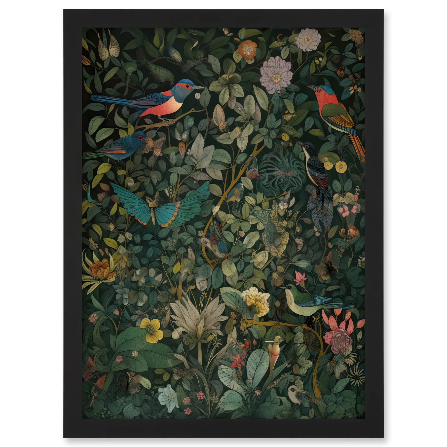 Artery8 Butterflies and Birds on Flowering Shrub Folk Art Artwork Framed A3 Wall Art Print