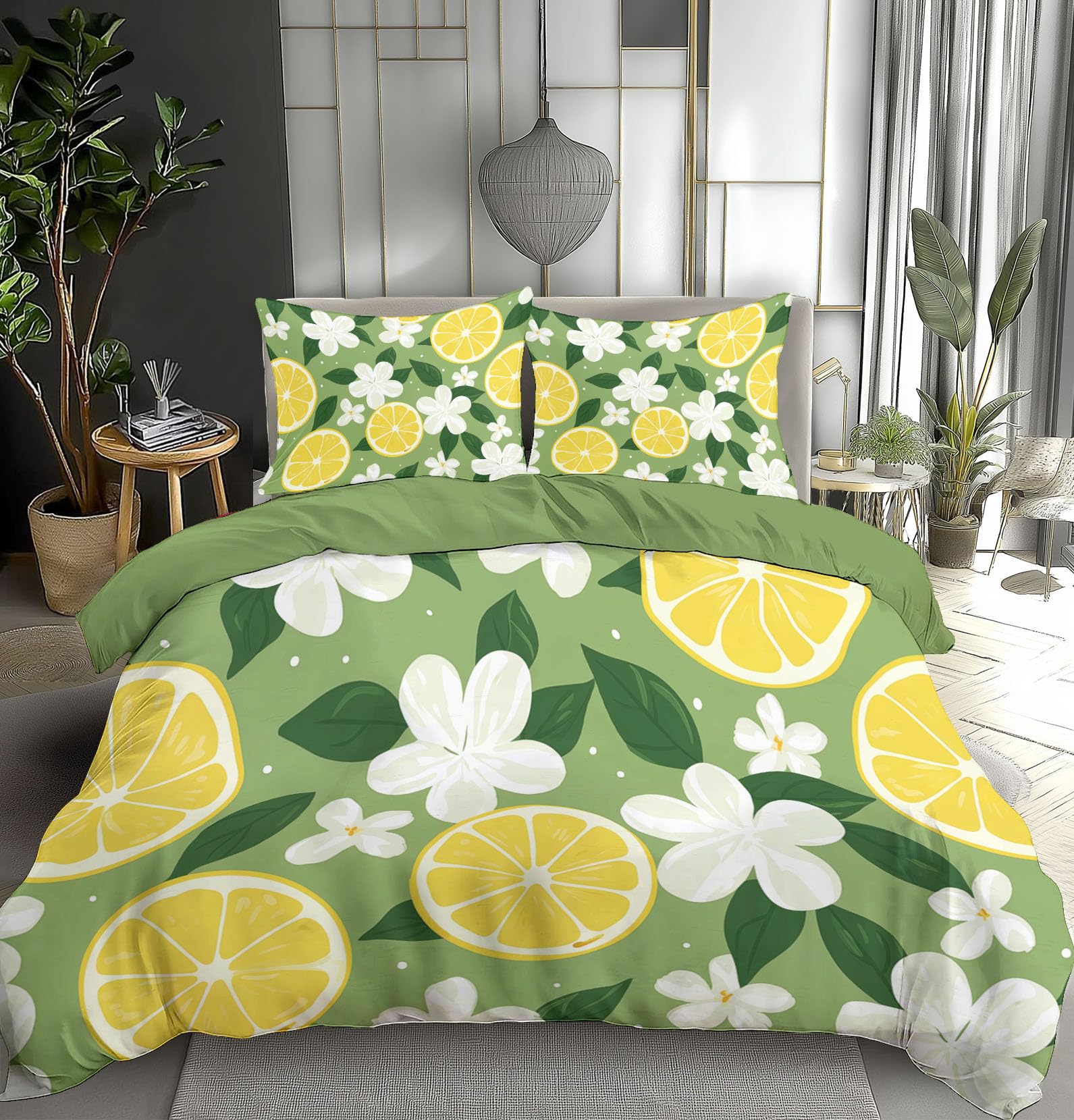 Housse de couette 220x240cm blanc jaune vert ensemble de lit microfibre 2 taies d'oreiller 65x65