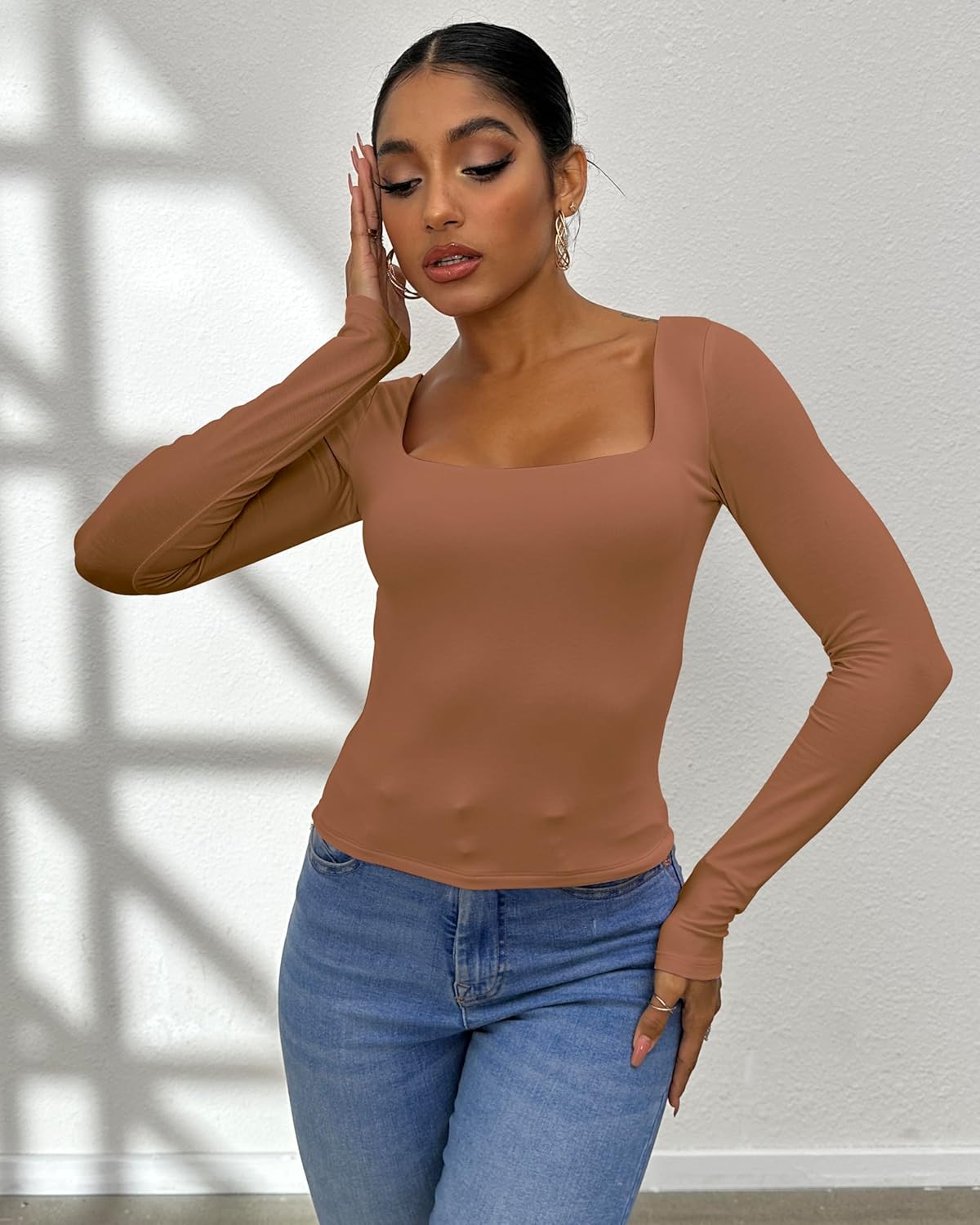 Dwnval Long Sleeve Shirts for Women - Basic Slim Fit Double Lined Square Neck Crop T Shirt - Image 4