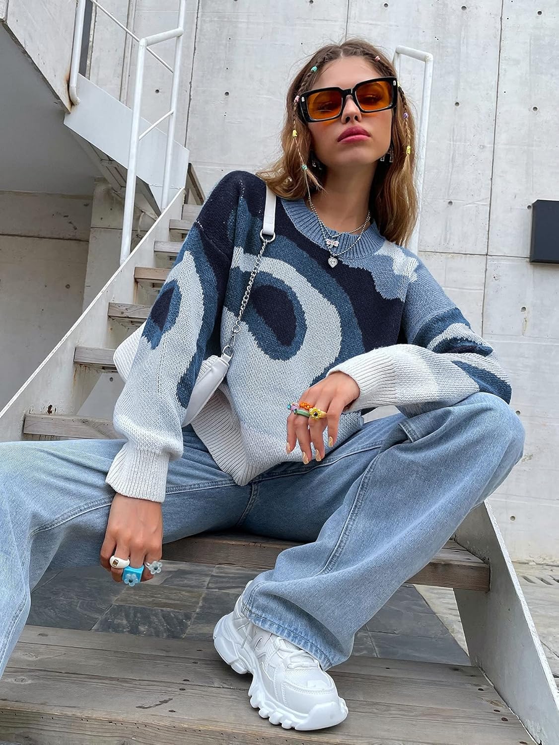 Women's Sweater Color Block Drop Shoulder Sweater Sweater for Women (Color : Multicolor, Size : Small)