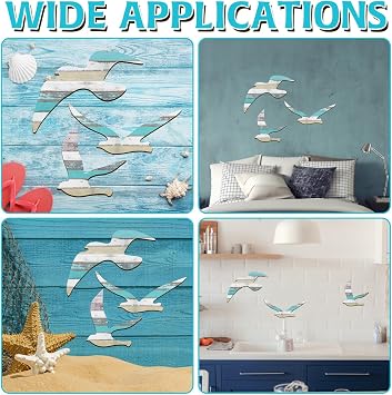 HINGTAI 3Pcs Wood Seagull Beach Wall Art, Nautical Self-adhesive Seagull Decorations, Coastal Themed Decors for Home Bedroom Living Room