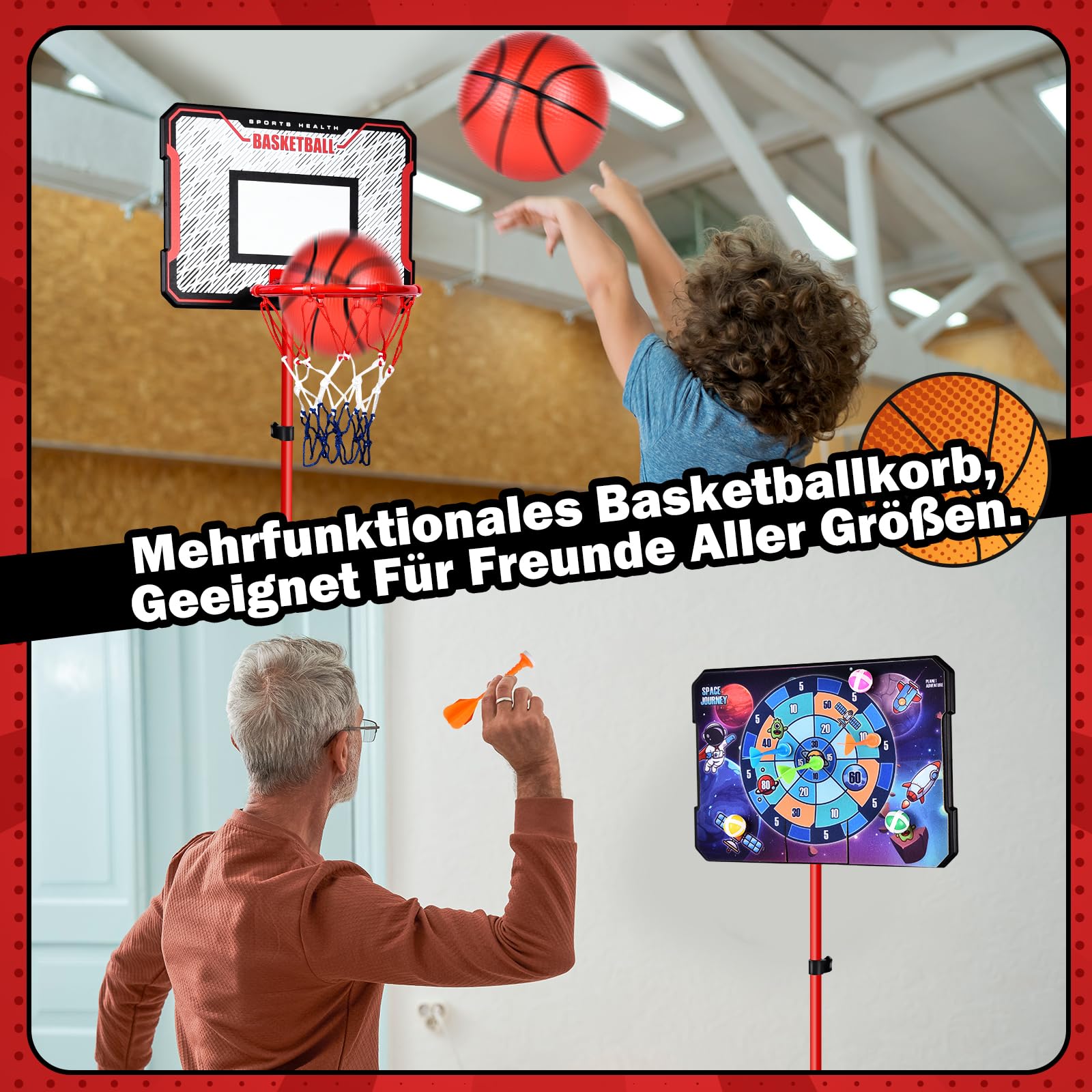 Herenear Basketballkorb für Kinder, Höhenverstellbar 107-193cm, Tragbar Indoor Outdoor, Kinderspielzeug Basketball Hoop mit Darts Target, Bällen, Pumpe, Geschenk für Jungen Mädchen ab 3-8 Jahren