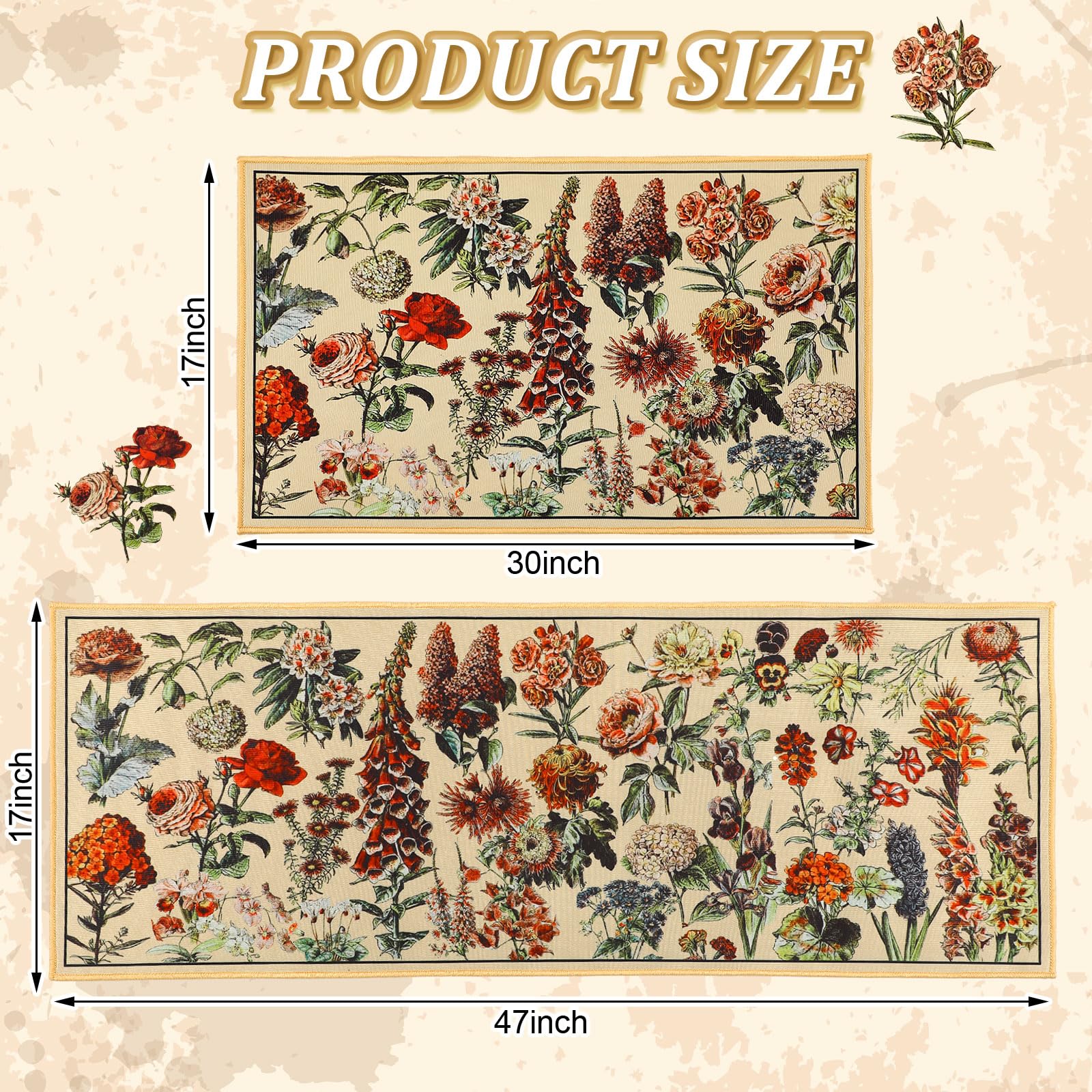 Sliner Retro Floral Kitchen Mat Rugs Set of 2 Vintage Non Skid Absorbent Farmhouse Microfiber Washable Floor Mat for Kitchen Sink Bedroom Office Laundry, 17