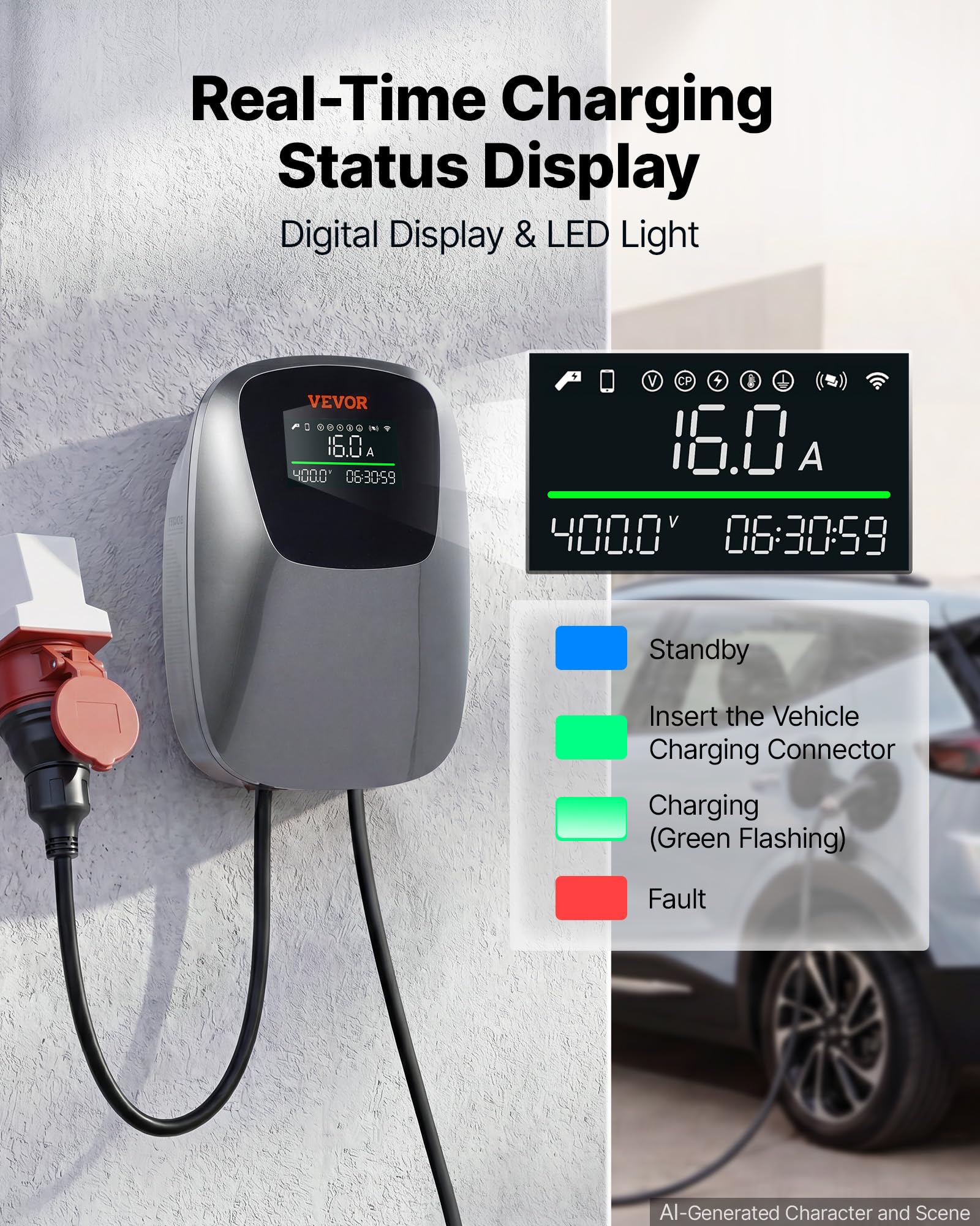 VEVOR Borne Recharge Véhicule Électrique 11 KW Chargeur Triphasé Type 2 CEE pour Voiture Électrique et Hybride Rechargeable, Domestique 400 V CA 16 A, Contrôle Intelligent APP, Écran Numérique, IP65