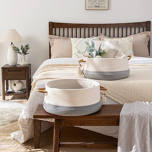 Miniatura 5 de KAKAMAY Cestas tejidas para almacenamiento (16 x 8 pulgadas), cesta de manta para organizar la sala de estar, cesta de cuerda de algodón tejida para