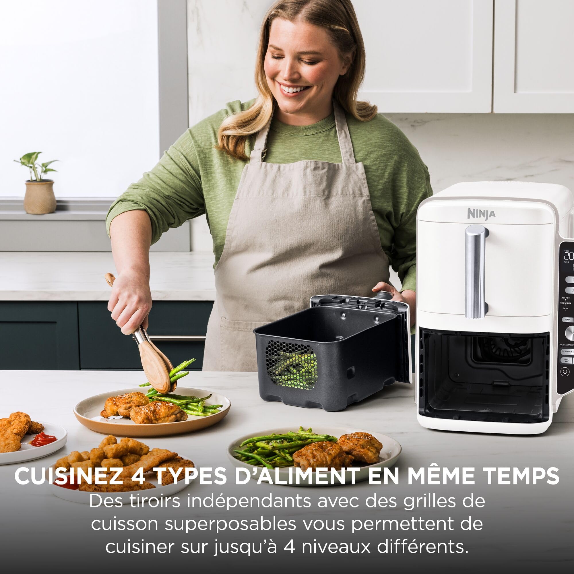 NINJA Double Stack XL Air Fryer, Friteuse sans huile Verticale Double Tiroir 4 Niveaux de Cuisson, 2 Tiroirs, 2 Grilles, Capacité de 9,5 L, 6 Fonctions, 8 Portions, Pinces, Blanc SL400EUWH