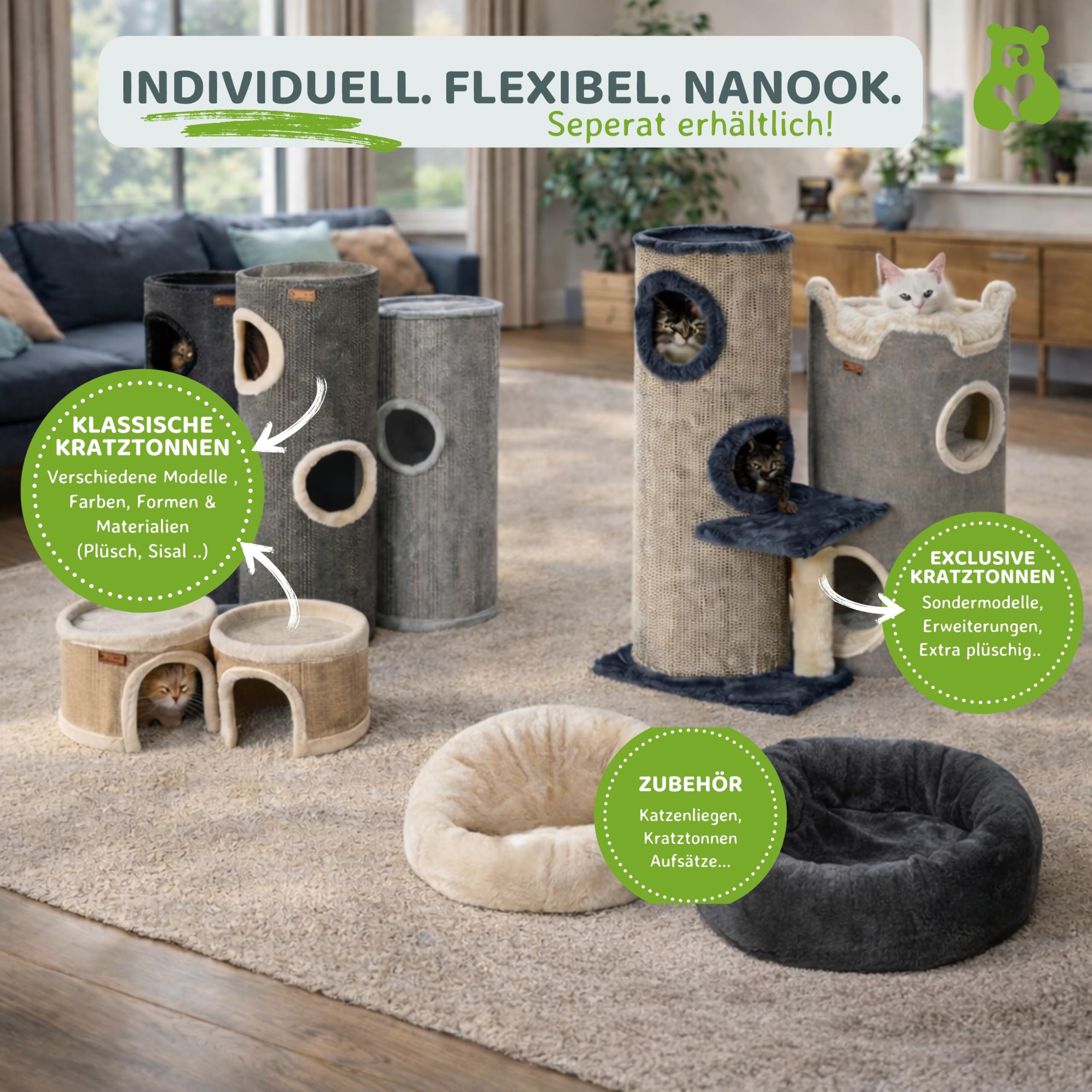 nanook Casimir - Kratztonne XL, 3 Etagen, seitlicher Sitzplatz mit Sisalstamm - Höhe: 102 cm - Farbe: grau