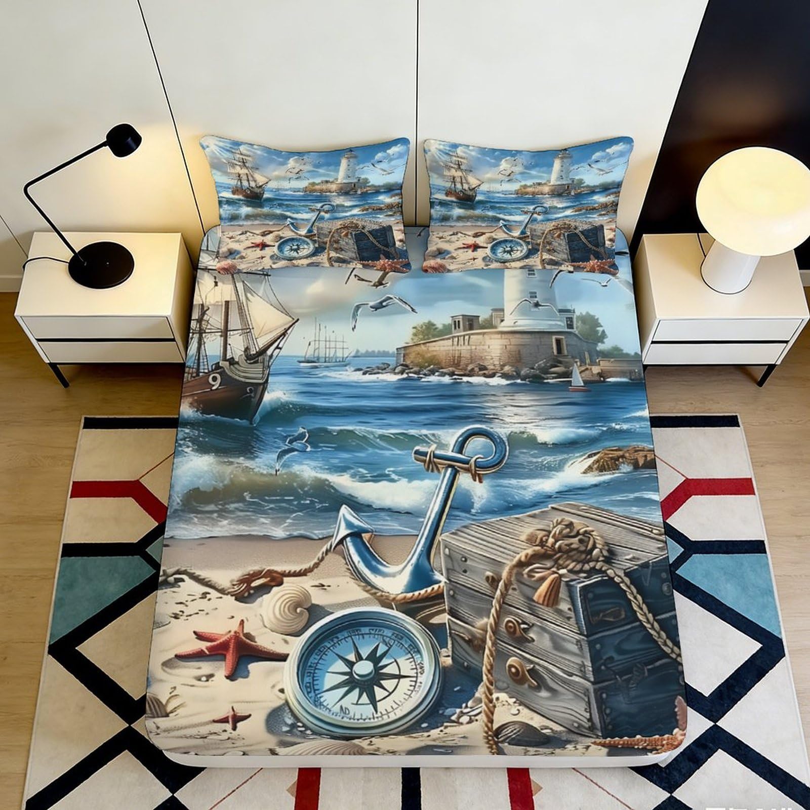3D Printed Ocean Nautical Fitted Sheet Microfiber Soft Breathable Lighthouse Bed Cover for Bedroom Guest Room Decor 90x200x25cm