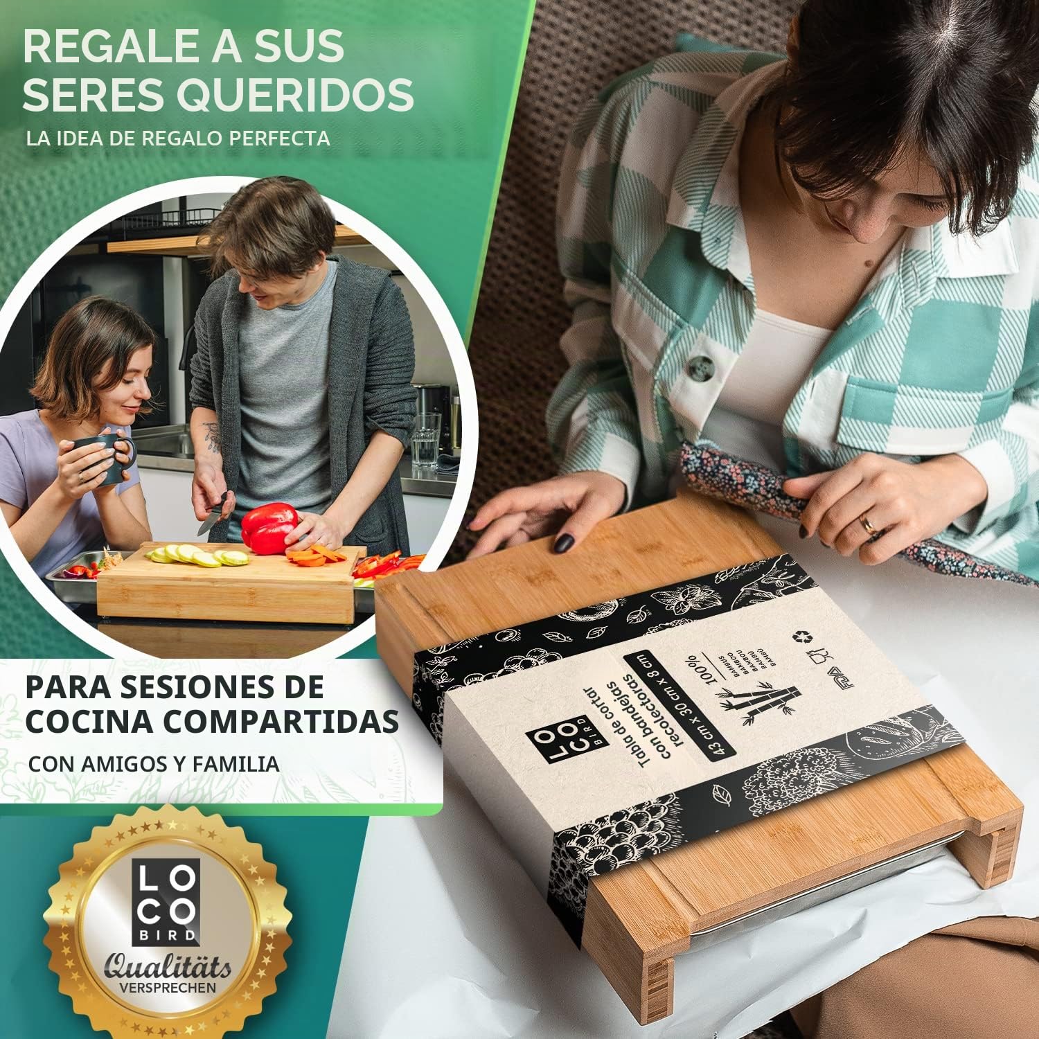 Loco Bird Tabla de Cortar de Madera Con Bandeja Colectora y Cuencos de Acero Inoxidable - Grande de Bambú Para Cocina