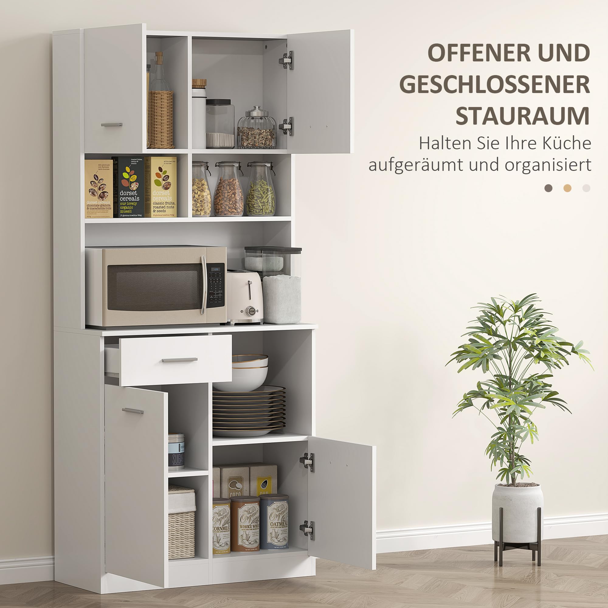 HOMCOM Küchenschrank, Hochschrank mit verstellbaren Regal, Schublade, Buffetschrank mit Soft-Close-Tür, Vitrinenschrank Aufbewahrungsschrank für Küche, Esszimmer, 80 x 35 x 180 cm, Weiß