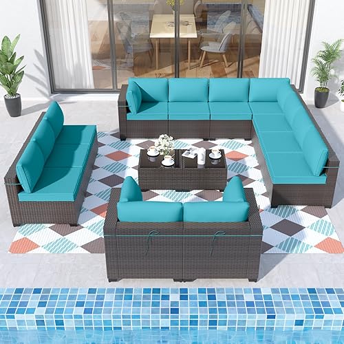 ALAULM 14 Pieces Outdoor Patio Furniture Set Sectional Sofa Sets Brown PE Rattan Patio Conversation Set w/12 Blue Seat Cushions and 2 Coffee Tables