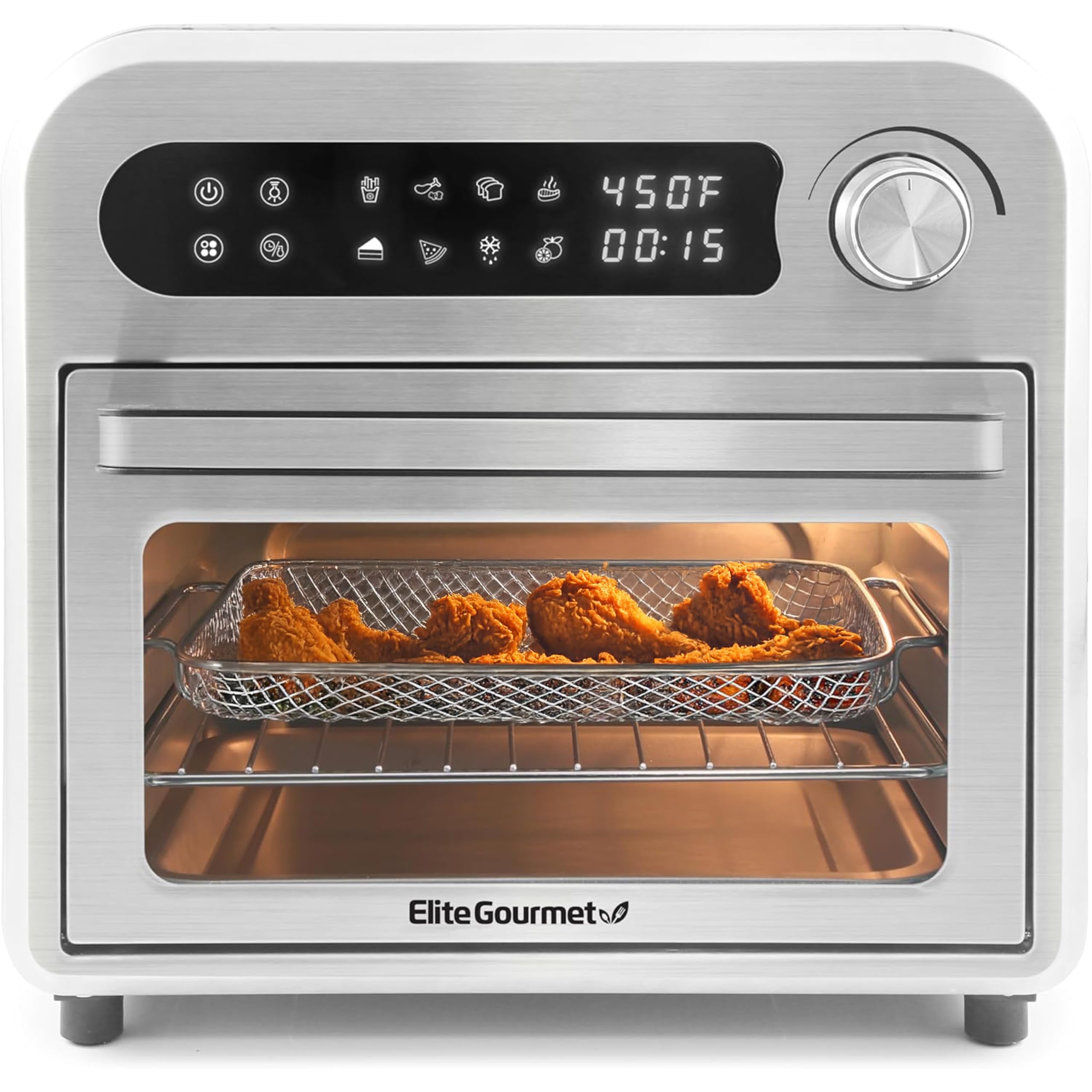 Elite Gourmet EAF1010D Programmable 10L Air Fryer Convection Countertop Oven, 8 Menu Settings, Temperature + Timer Controls, Bake, Toast, Broil, Air Fry, 1500W with Recipes, Steel Exterior