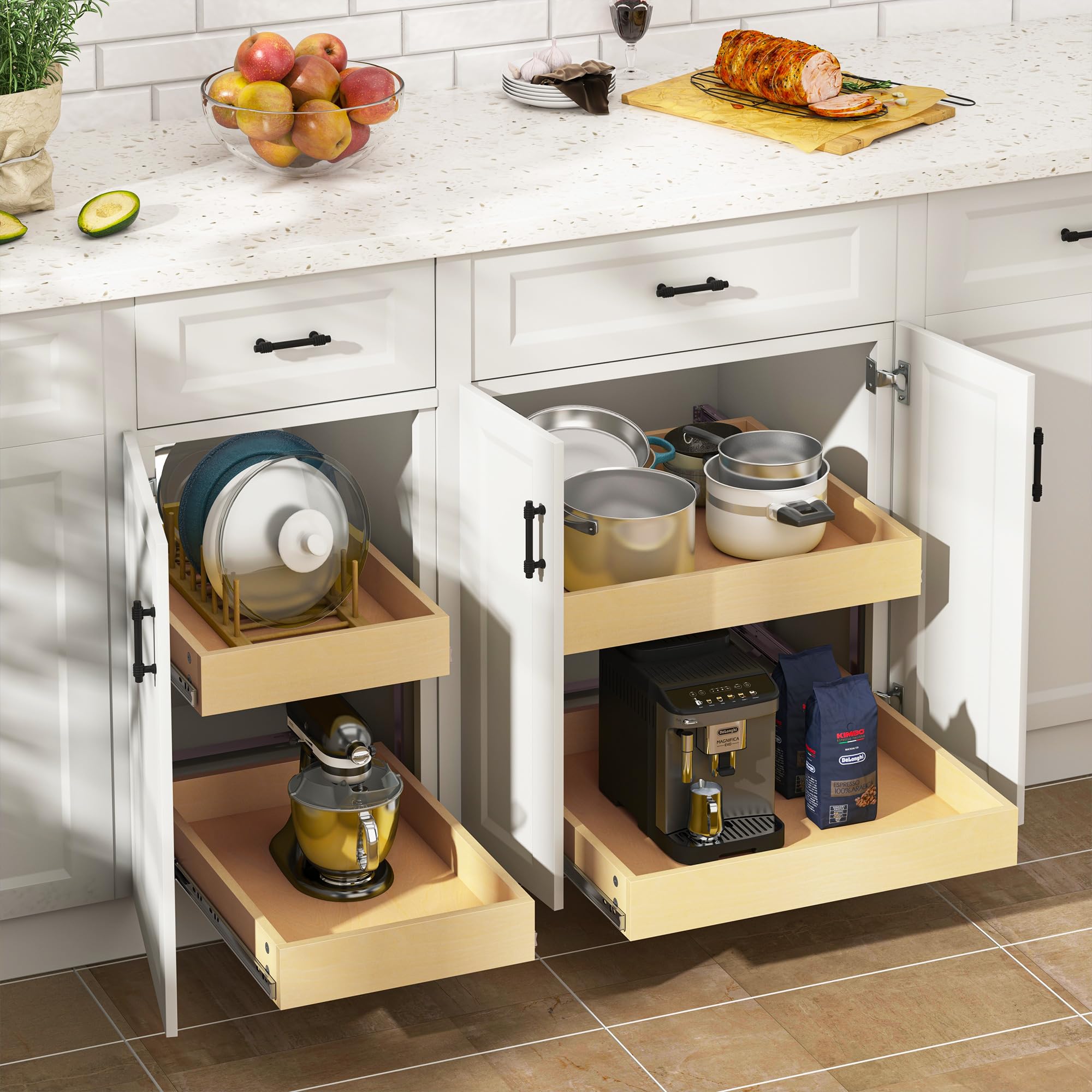 WelFurGeer 2-Tier Pull Out Cabinet Organizer with Soft Close Slides, Pull Out Drawers for Cabinets, Heavy-Duty Slide Out Drawers for Kitchen Cabinets, Under Sink, Pantry & Bathroom 26X22
