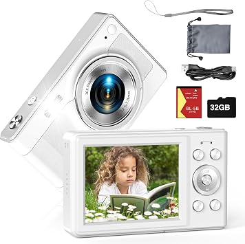 Upgrade Kids Digital Camera - 56MP FHD 1080P with 16x Zoom, Anti-Shake, 32GB TF Card, Two Batteries, Lanyard (White)