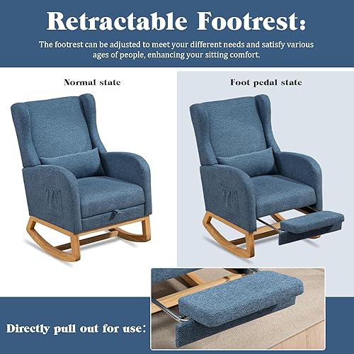 Miniatura 5 de Dxacvkc Mecedora de poliéster con reposapiés ajustable, mecedora de respaldo alto con bolsillo lateral, almohada, silla decorativa con respaldo
