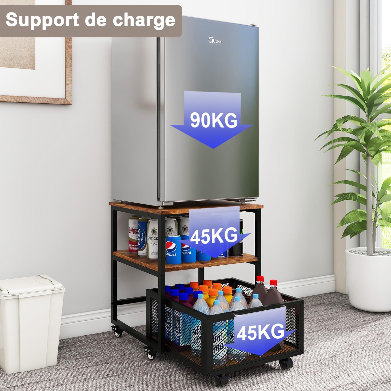 PUNCIA Support de Réfrigérateur 50x50x60cm avec Panier à Tiroir Roulant Plateau de Mini Frigo Portable Armoire à Café avec Grande Capacité Étagère Debout Table pour Chambre Cuisine(Marron)