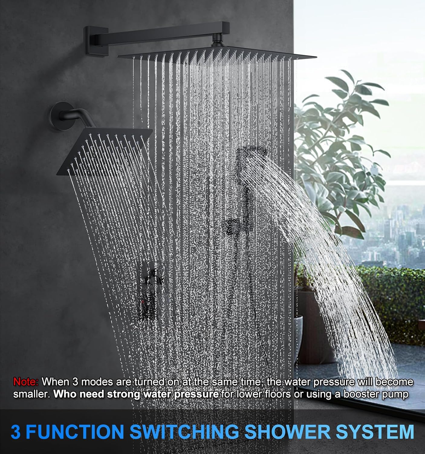 Shower Faucet Set, 12" Wall Mount Rainfall Shower System with 2 Rain Shower Head and Multi-function Handheld Head Push Button Diverter Shower Faucet Trim Kit Matte Black - Image 2