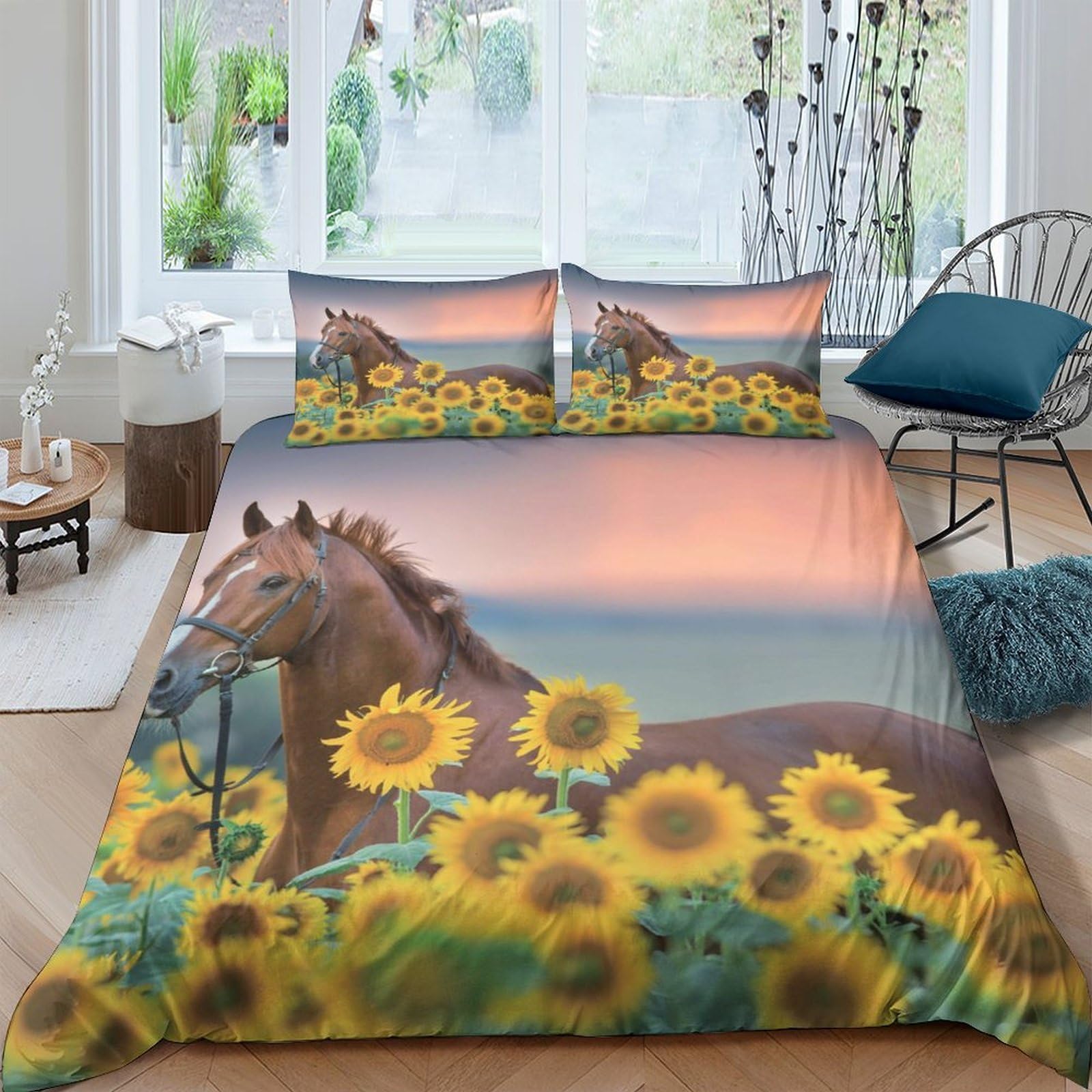 Ctjqhvkz Style-1 3D Printed Horse Sunflower Fitted Sheet Microfiber Soft Non-Slip Bed Cover For Bedroom Guest Room Decor Single（135X200cm）