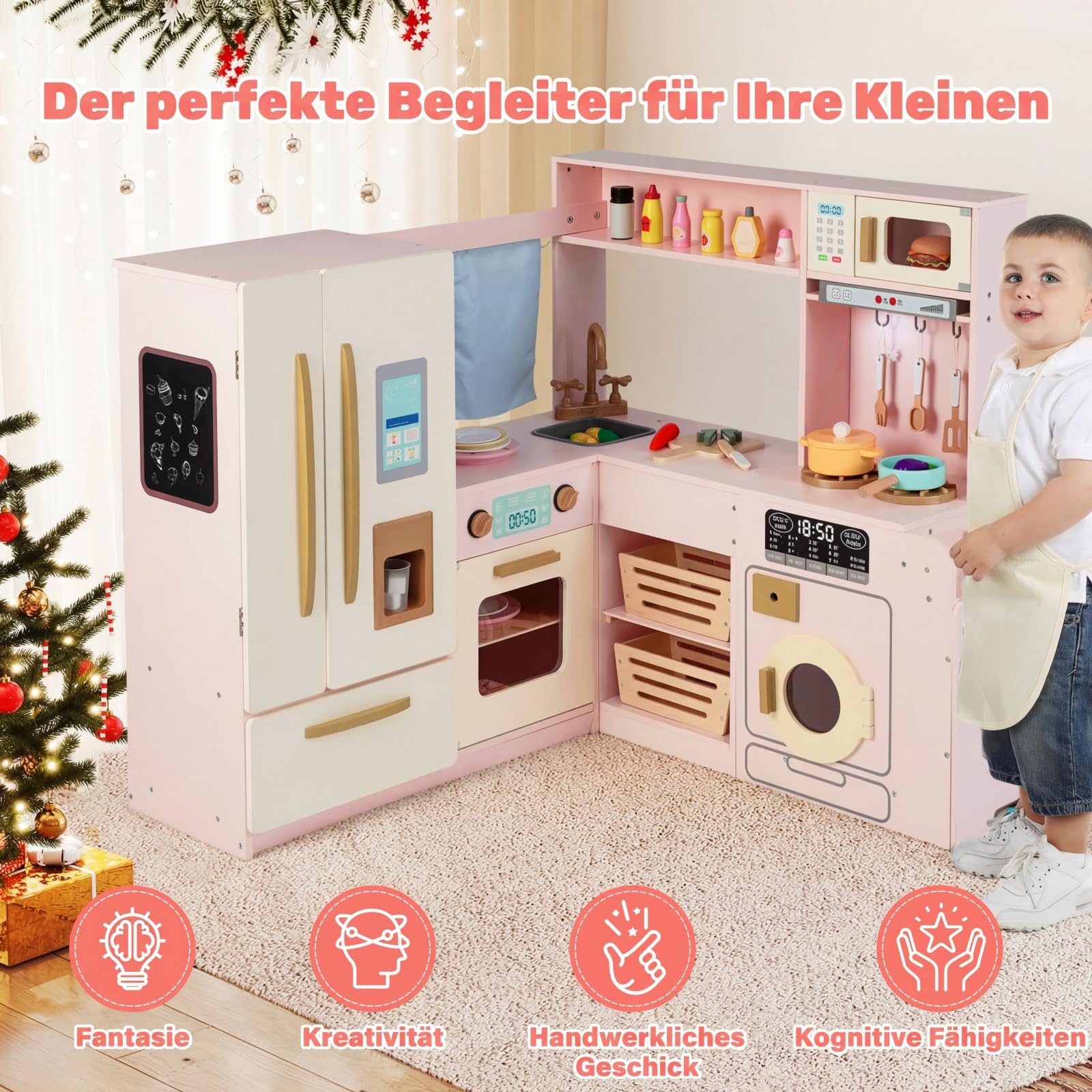 COSTWAY Kinderküche mit Licht und Sound, Eck-Spielküche Holz mit Mülleimer, Doppeltür-Kühlschrank, Spüle, Waschmaschine, Mikrowelle & 22 Zubehörteilen, Holzküche für Kinder ab 3 Jahren (Rosa)