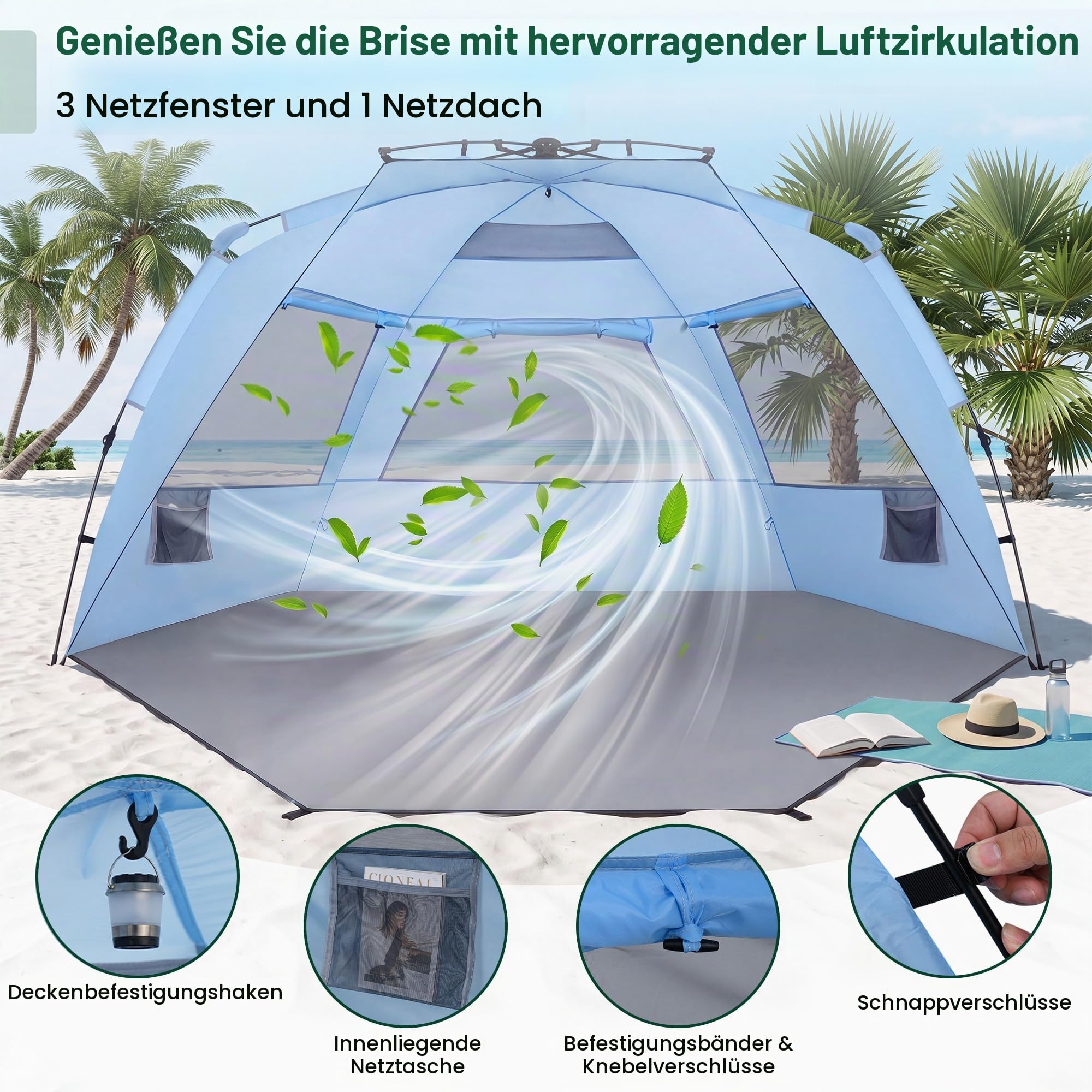 HOMASIS Pop-up Strandmuschel XXL, wetterfestes Strandzelt für 3-4 Personen mit erweiterbarem Boden, Mesh-Fenstern & Tragetasche, UV-Schutz 50+, tragbares Sonnenzelt für Strand, Camping & Hinterhof
