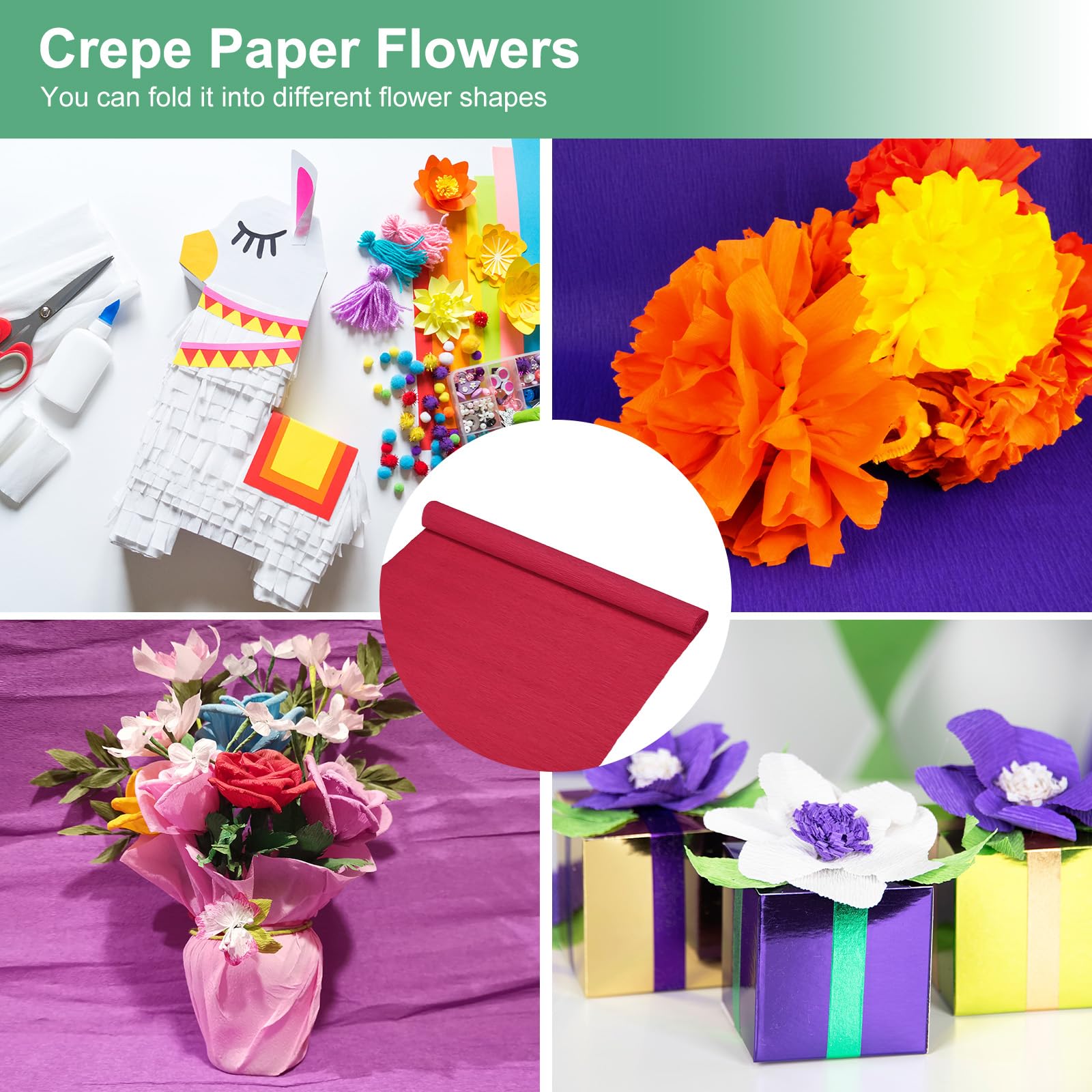 M METERXITY Krepppapier, 250 x 50 cm, weich, breit, Krepppapier, Luftschlangen für Bastelarbeiten, Blumenherstellung, Dekoration, Rot
