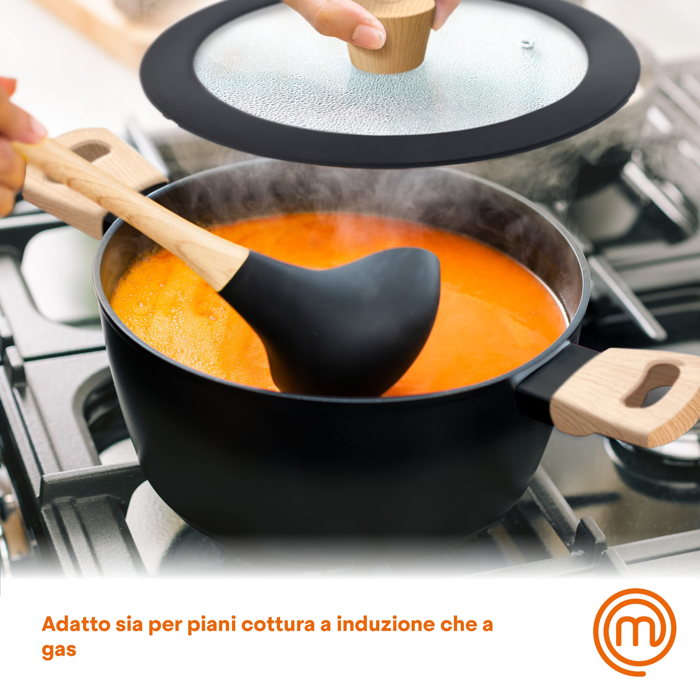 MasterChef Casseruola Antiaderente 20 cm, Pentola Induzione per Pasta, Agnelli, Polenta e altro, Crock Pot Alluminio con Manici Per Pentole in Legno, Antigraffio, Lavabile in Lavastoviglie, Nera