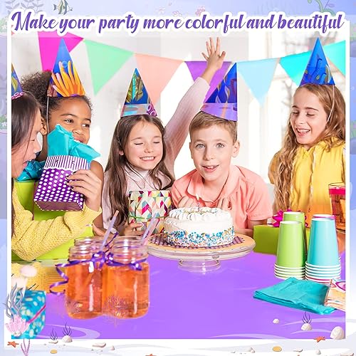 Miniatura 6 de Amylove 12 manteles de sirena de princesa color azul y morado, desechables, fundas redondas de plástico de sirena para cumpleaños, baby shower,