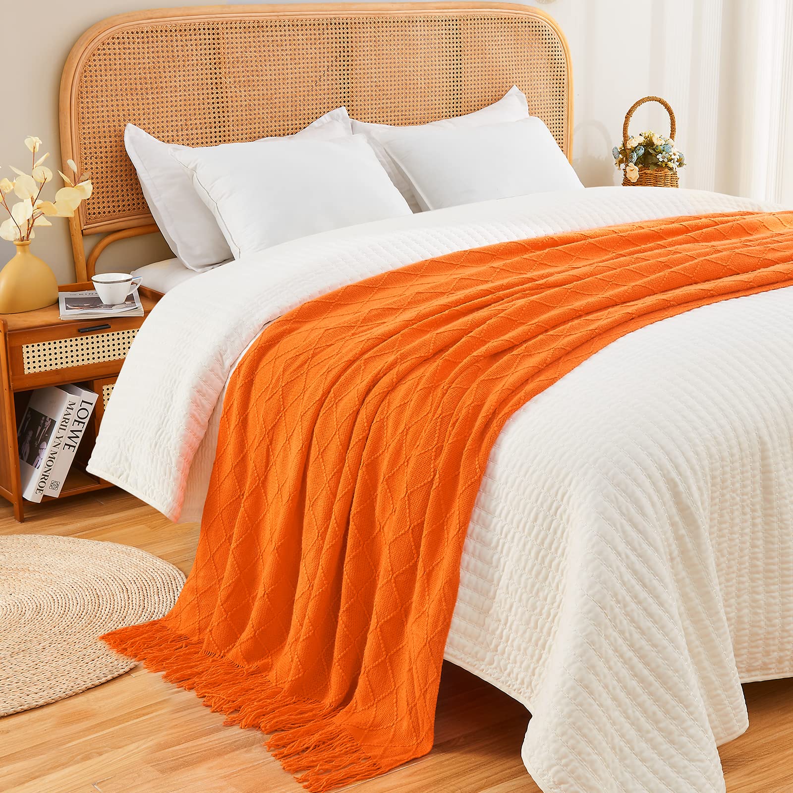 inhand Plaid tricoté doux, léger, chaud, respirant, pour canapé, salon, décoration d’intérieur, style rustique, convient en extérieur, 152,4 x 203,2 cm (lit 1 place), orange brûlé
