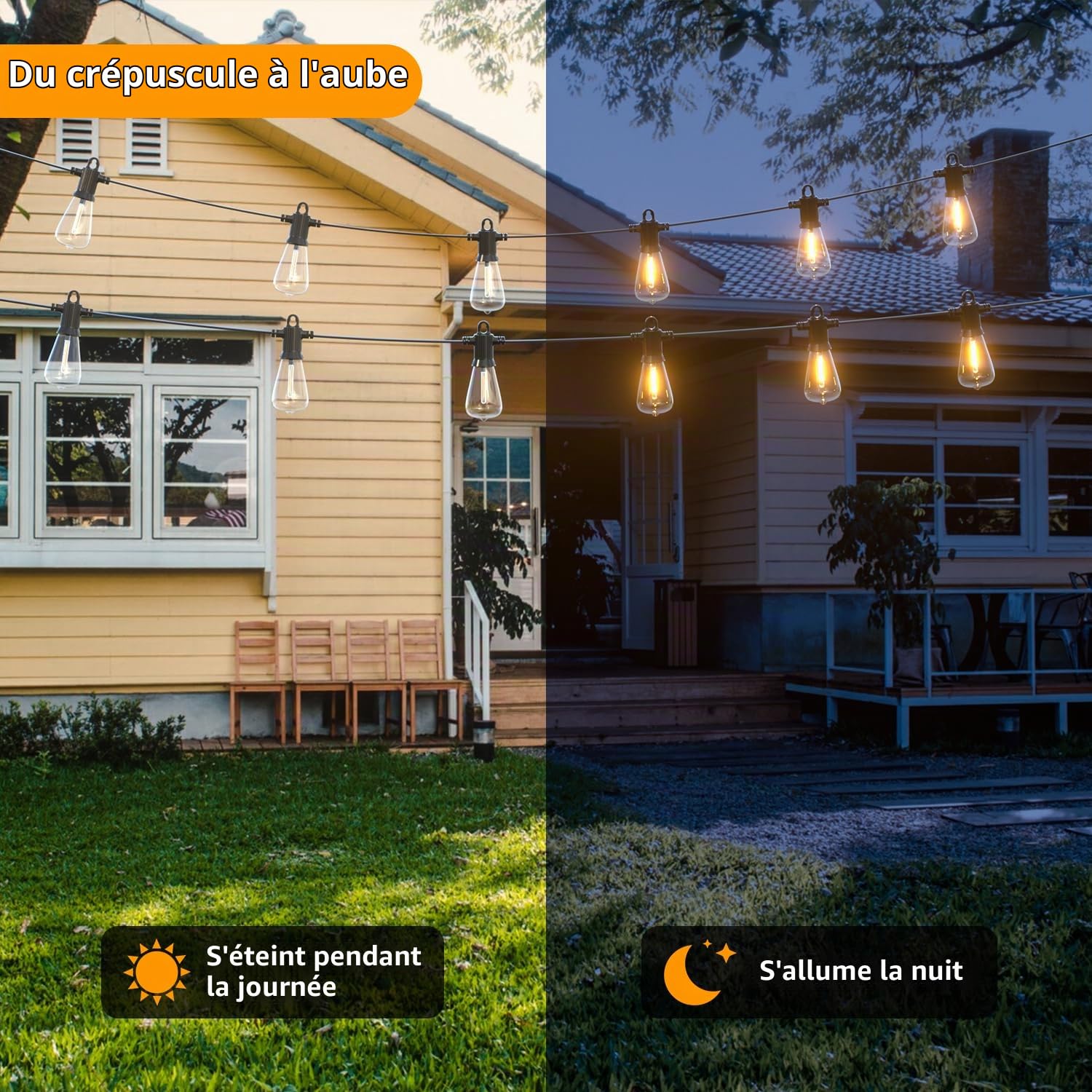 Kawaya Guirlande lumineuse solaire d'extérieur - 15 m - LED - Rechargeable - 5 modes d'éclairage - IP65 - Étanche - Avec 25 + 2 ampoules - Blanc chaud - Pour extérieur, balcon, terrasse