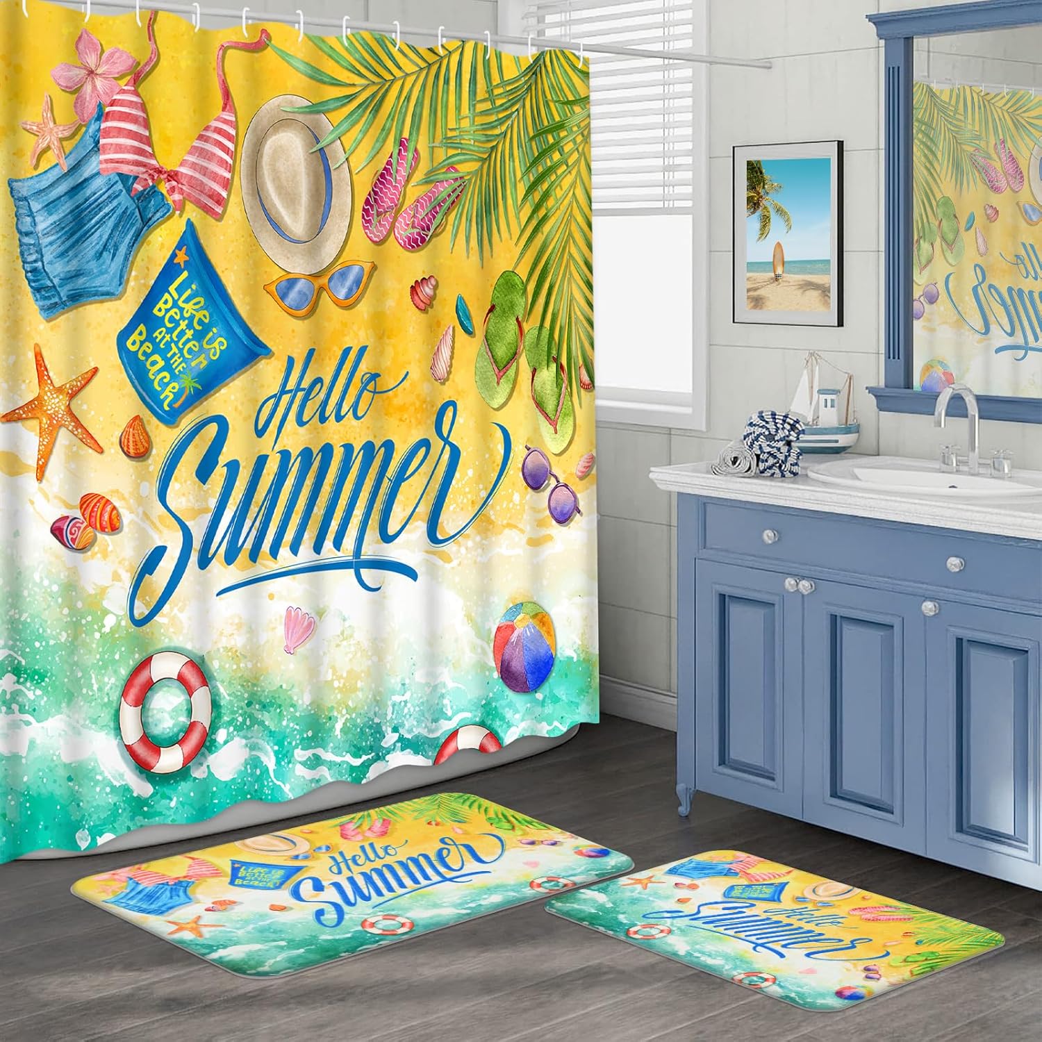 Likiyol 3 Pcs Summer Beach Shower Curtain Sets with Rugs, Ocean Coastal Bathroom Set with Shower Curtain and Rugs, Starfish Bathroom Rug Set, 15.7'' x 23.6'' & 19.6'' x 31.5'' Rug for Brhroom, Kitchen Yellow 15.7'' x 23.6'' + 19.6'' x 31.5''