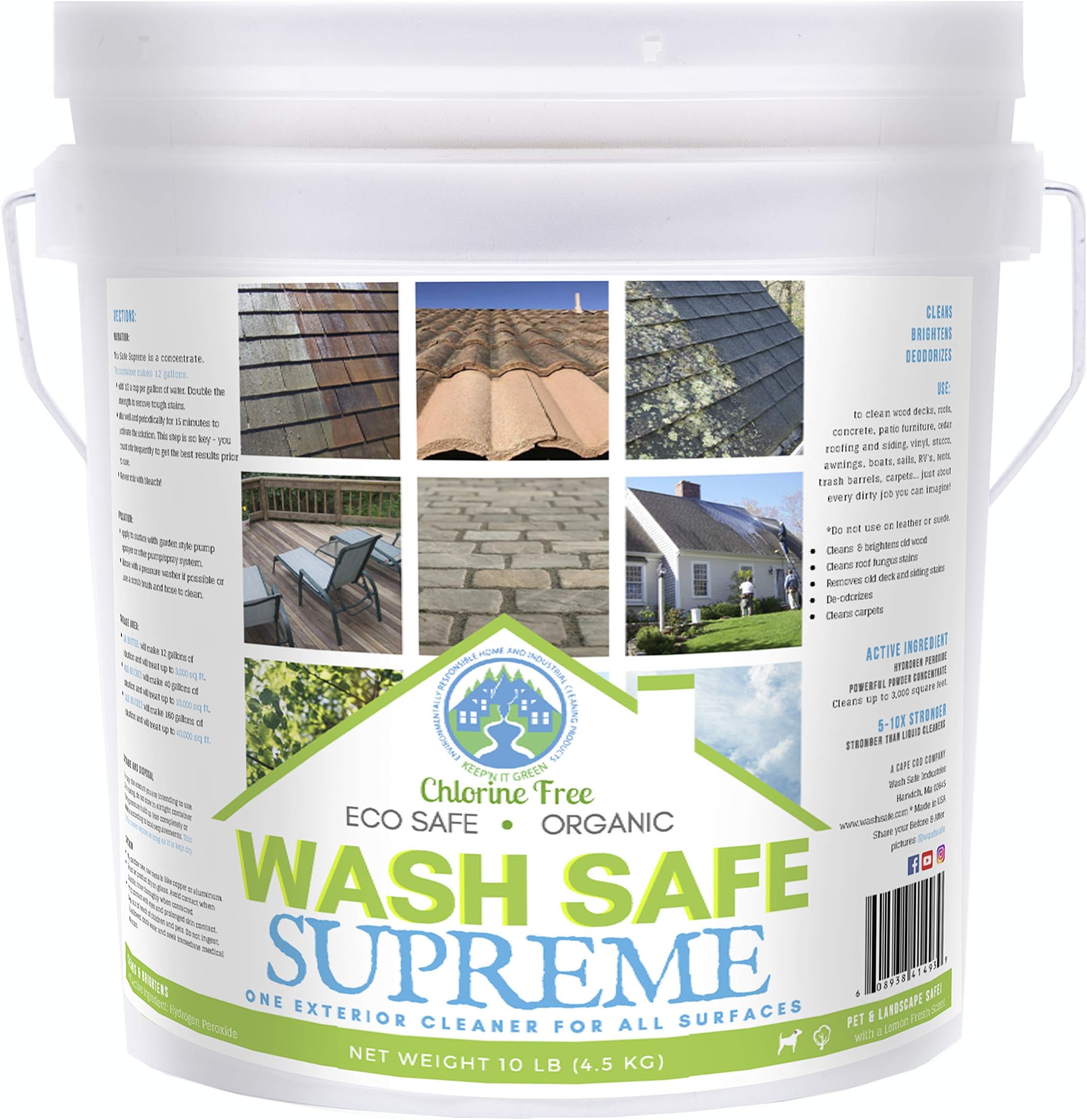 Wash Safe™ SUPREME Eco-Safe and Organic All-Purpose Exterior Cleaner, 10 lb | | Clear, Bleach-Free Powder Solution | Clean Up to 10,000 sq. ft. of Roof, Vinyl Siding, Wood, Decks, Concrete and More