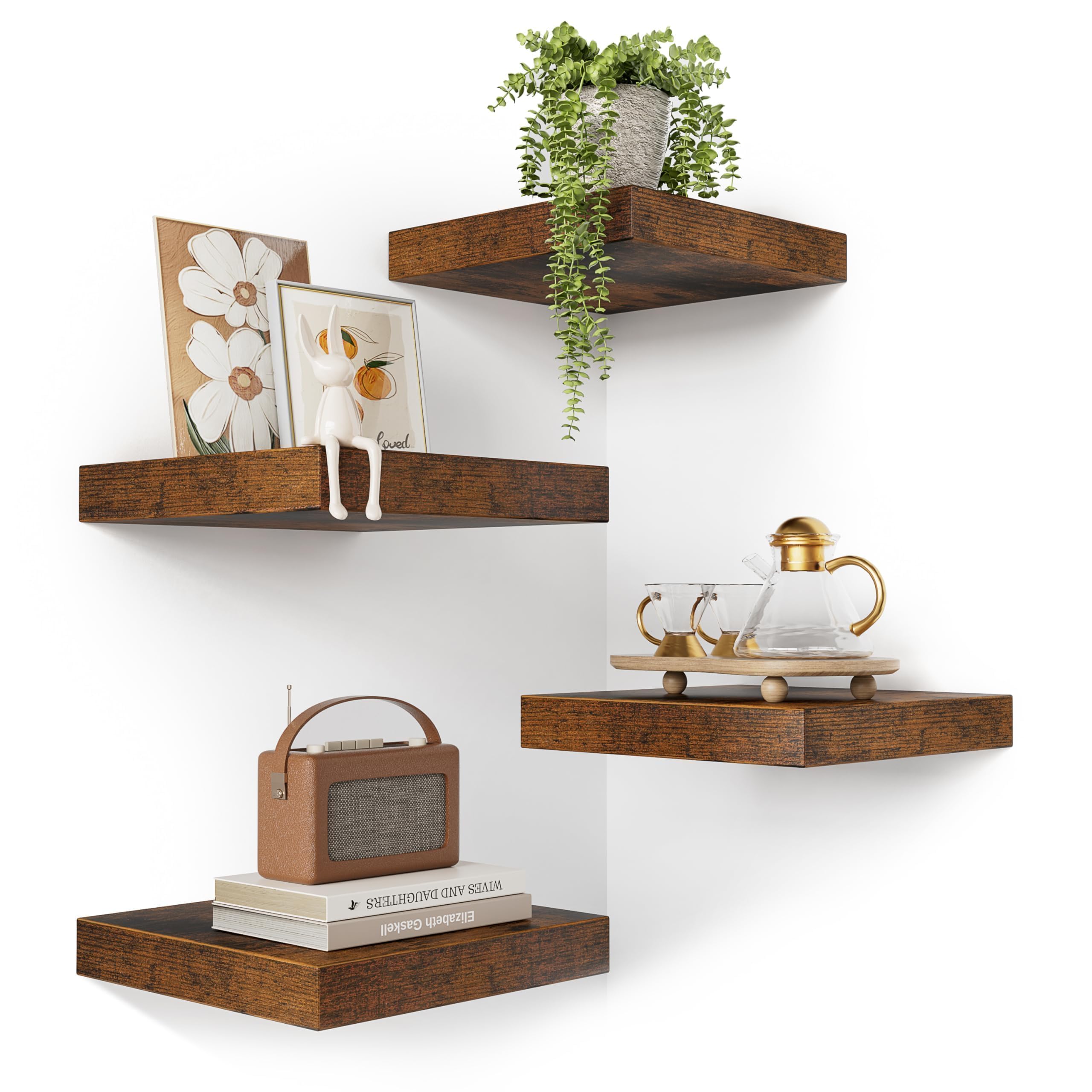 Étagères Murales Flottantes Lot de 4 (25 x 25 x 3,8 cm) | Étagère en Bois avec Fixation Invisible, pour Salle de Bain, Chambre, Cuisine, Toilettes, Salon et Livres (Marron)