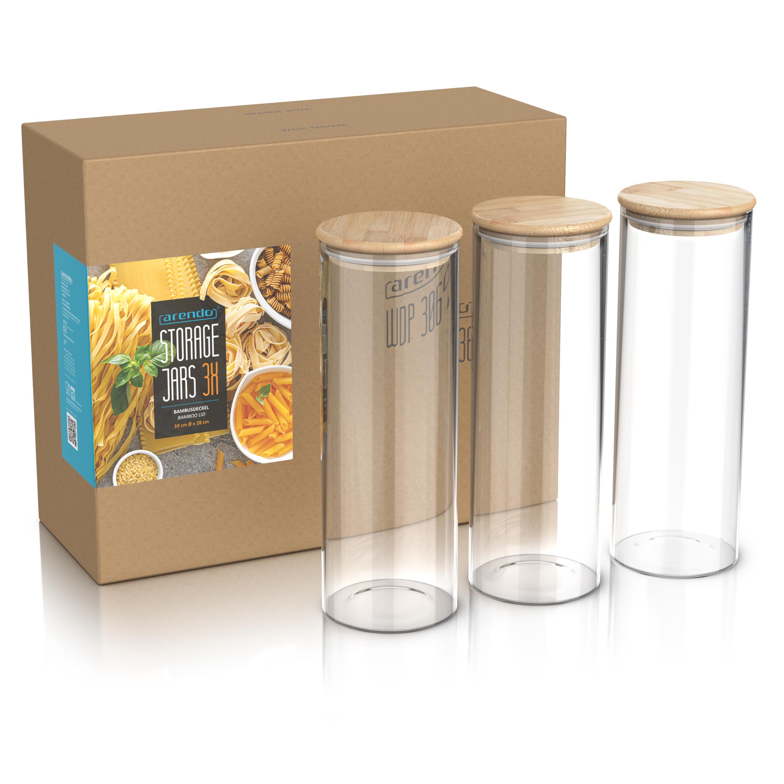 arendo - Set de 3 Récipients en Verre Hermétique Rond, Tailles de 10 x 28 cm / 2,1 litres, Verre borosilicate Boîte Conservation Alimentaire, Couvercle en Bambou, Joint en silicone