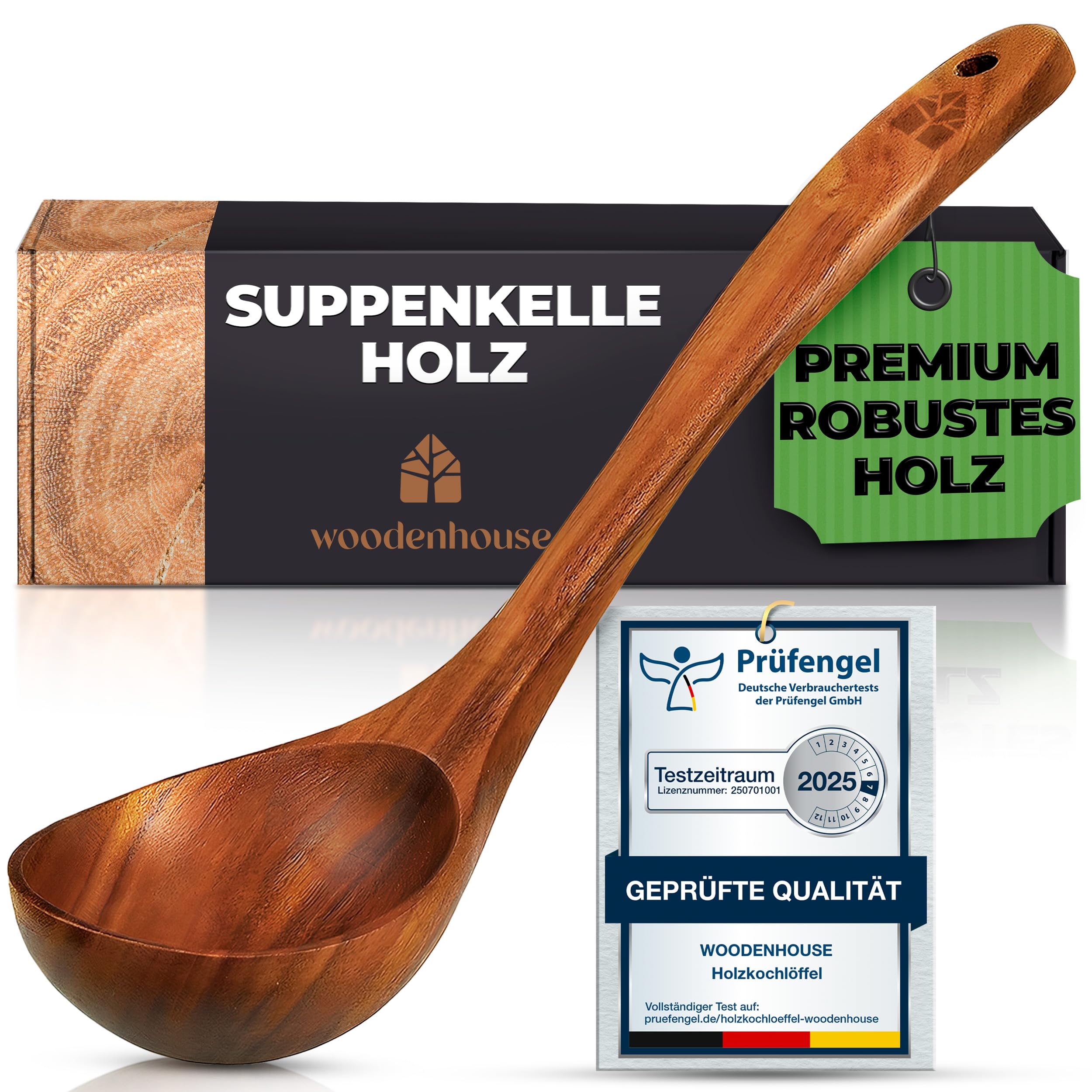 Suppenkelle Holz Mit Langem Griff - 31,5 cm Aus Teakholz - Robustes & nachhaltiges Schöpflöffel, BPA-FREI Saucenlöffel für den täglichen Gebrauch, Holzkochlöffel für den täglichen Einsatz in der Küche | Praktisches Hakenende verhindert Abrutschen; robust, BPA-frei und schonend zu Antihaftbeschichtungen; leicht zu reinigen
