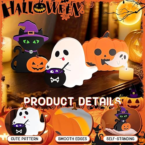 Miniatura 3 de Lindas decoraciones de Halloween para interiores, 3 piezas de decoración de Halloween de calabaza fantasma de madera para el hogar, mesa, oficina,