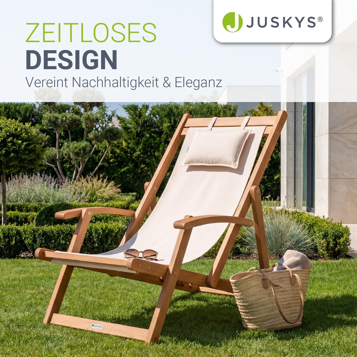Juskys® Sonnenliege Tavira Creme - Klappbar, 3-Fach verstellbare Rückenlehne, mit abnehmbarem Kopfpolster, wetterfest, geöltes Akazienholz, 6 kg