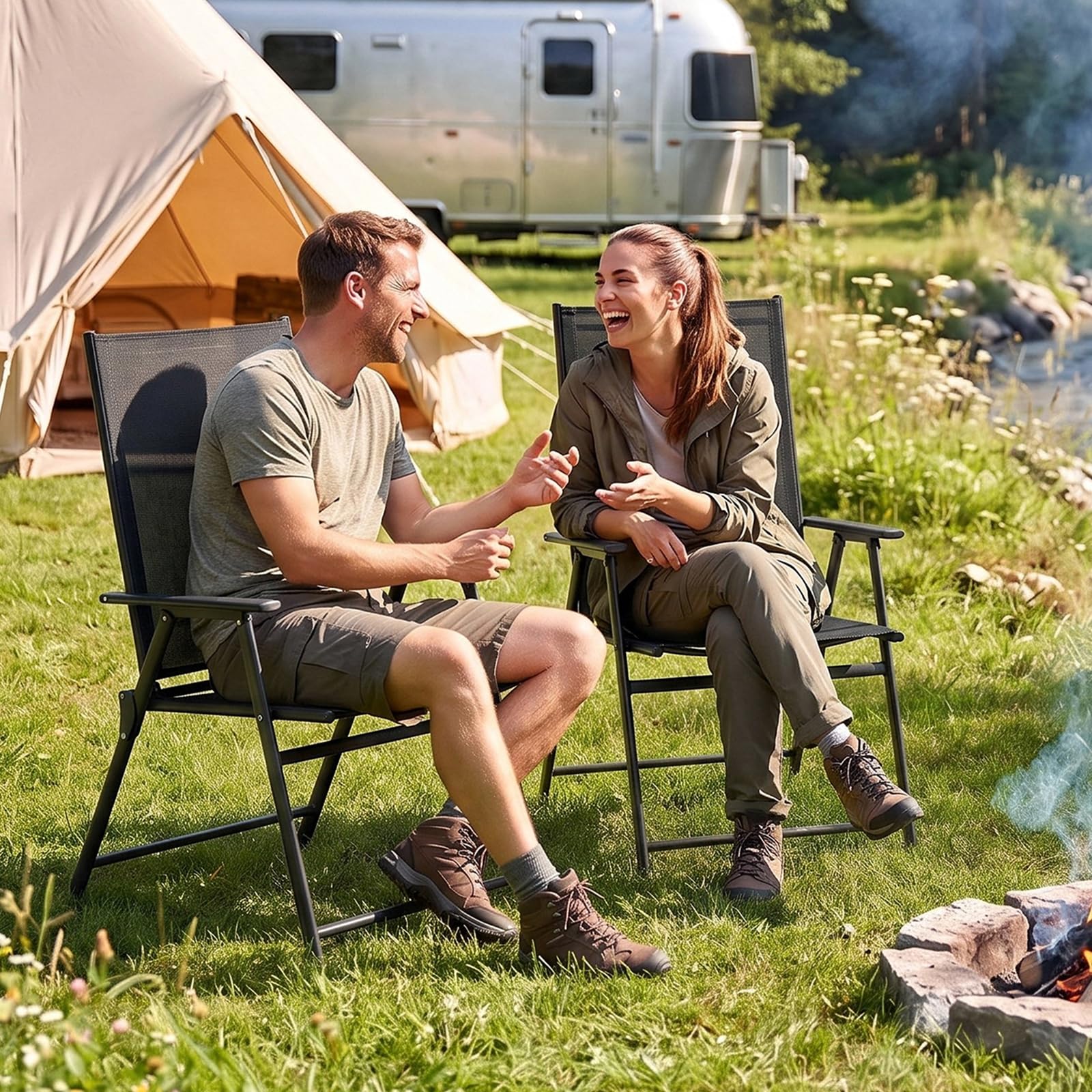 Clevich Gartenstuhl 2er Set, Balkonstuhl Hochlehner Klappbar, Campingstuhl | Leicht Klappstuhl mit Metallgestell für Garten, Terrasse und Camping, Komplett Montiert, Schwarz