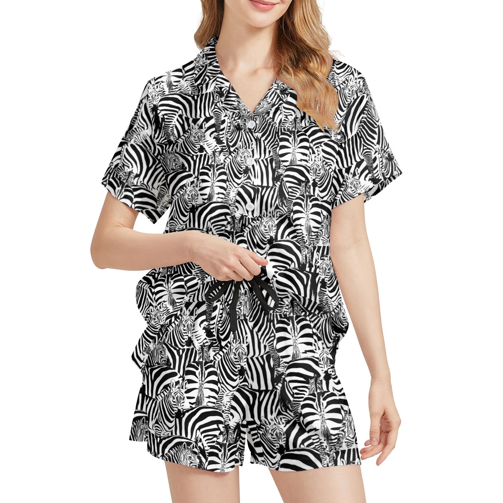 Funny Pajamas for Women Set Print Satin Loungewear Pjs Short Sleeve Button Down Top and Shorts Sets Sleepwear XS-3XL