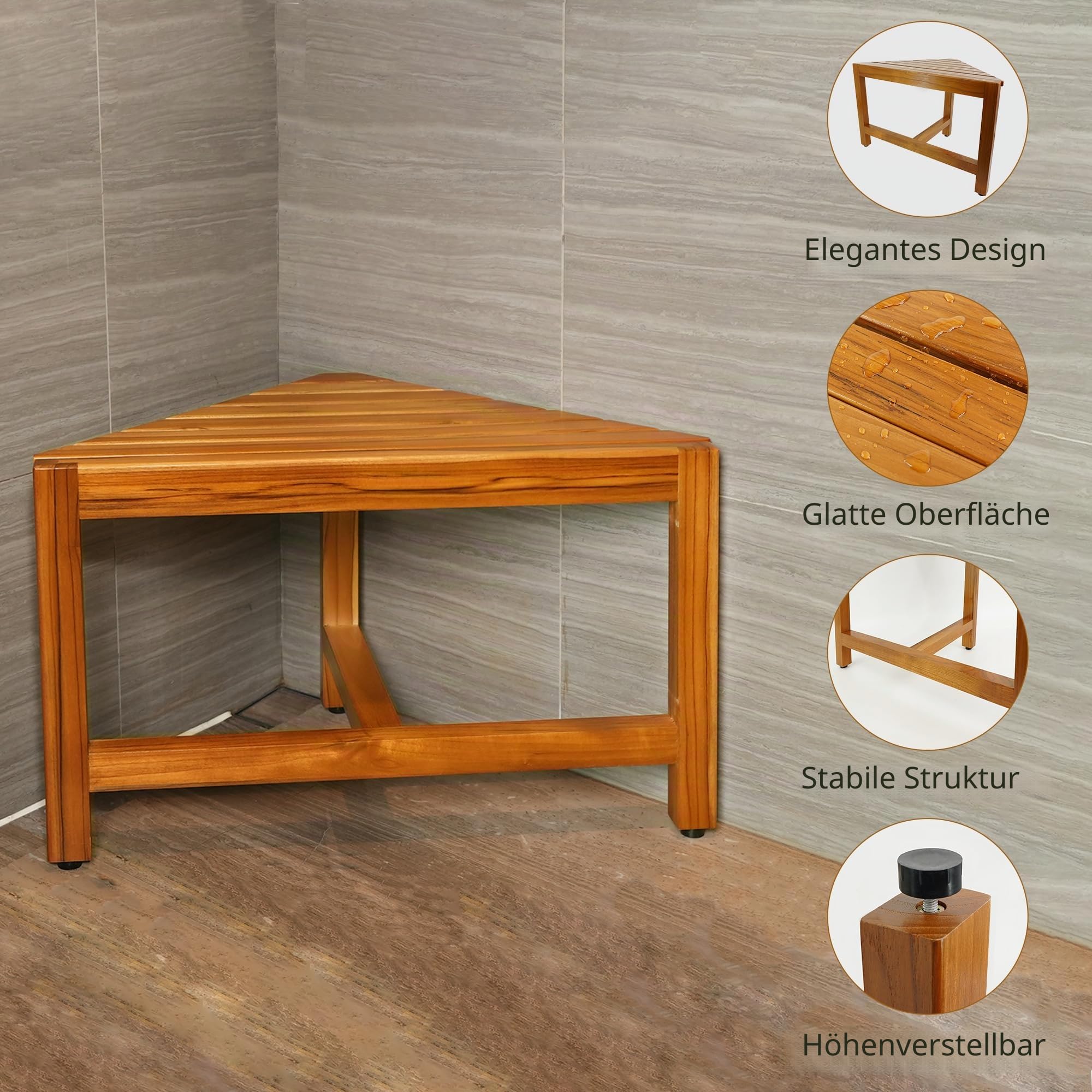 VaeFae Teak Dusche Eckbank Holz Fußstütze Duschbank für Rasieren Nagelpflege & Aufbewahrung Teakholz Braun Platzsparend Eckhocker