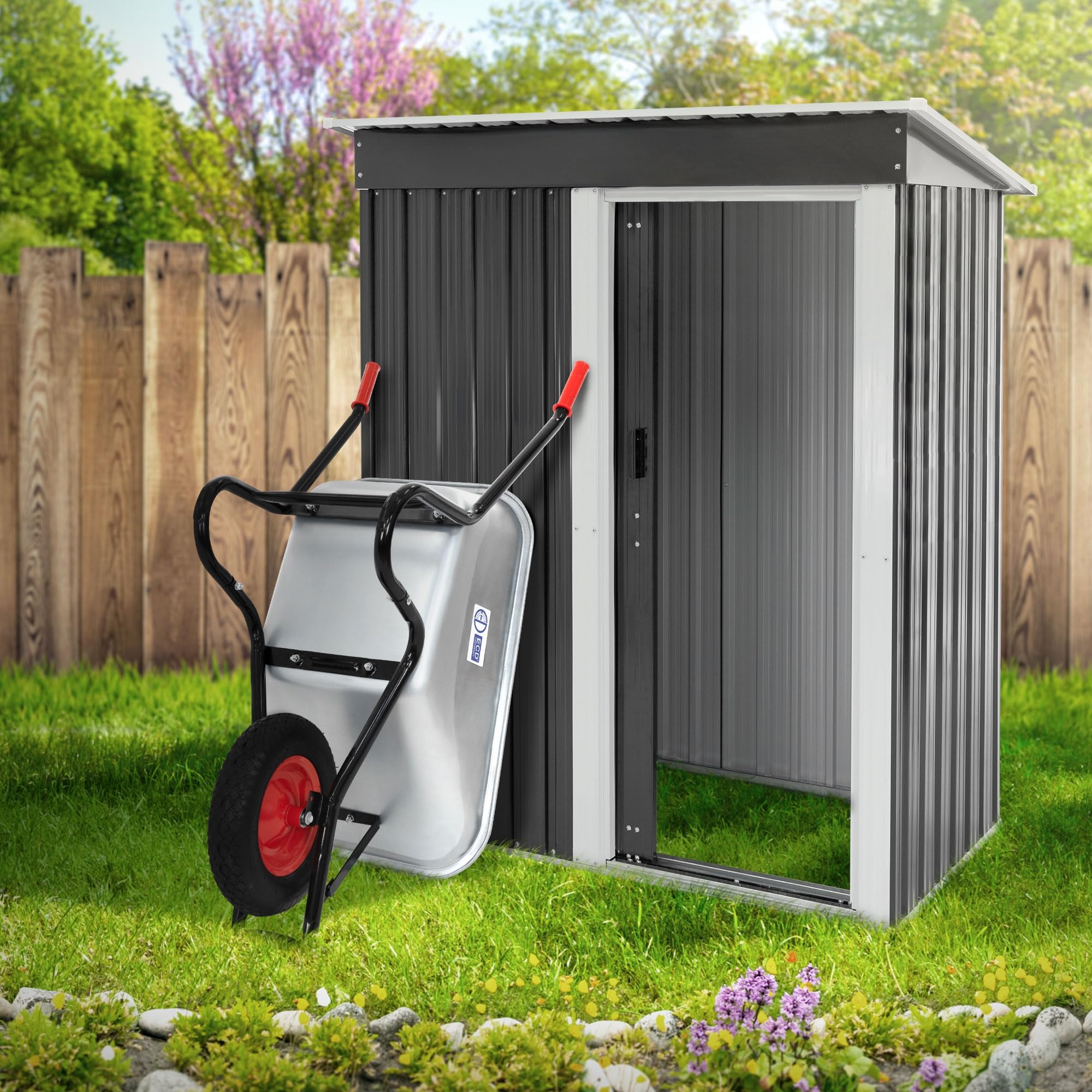 ECD Germany Carriola da Cantiere con Telaio in Metallo e Vasca in Acciaio Zincato Capacità 100 L 250 kg per Trasporto con Ruota in Gomma Pneumatico Diametro 40 cm 16" Manici Lunghi
