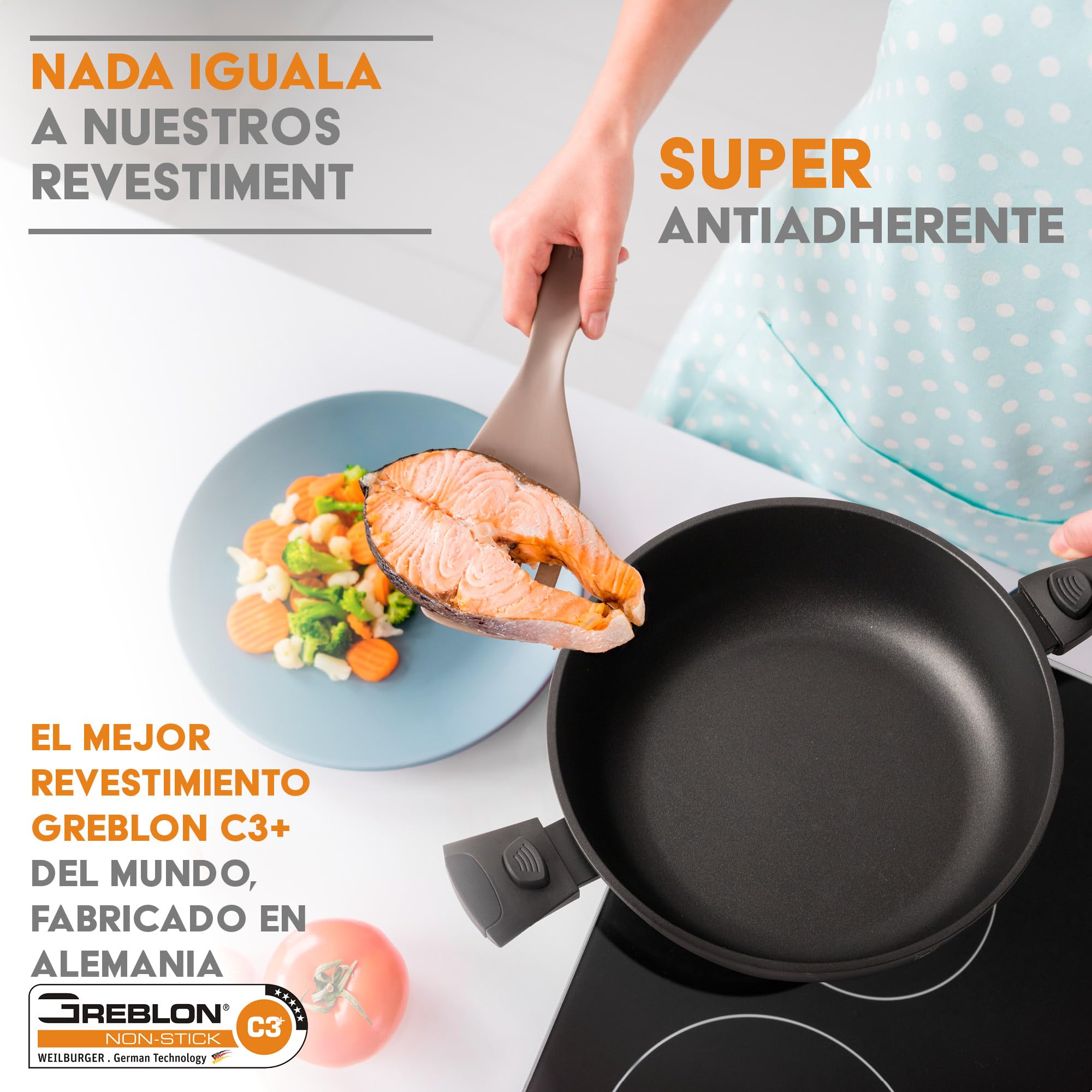 Cazo Cacerola mango ergonómico extraíble Apto Inducción acero & aluminio antiadherente Alemán Greblon C3+ inducción y horno Libre de PFOA + tapa de cristal (24CM)