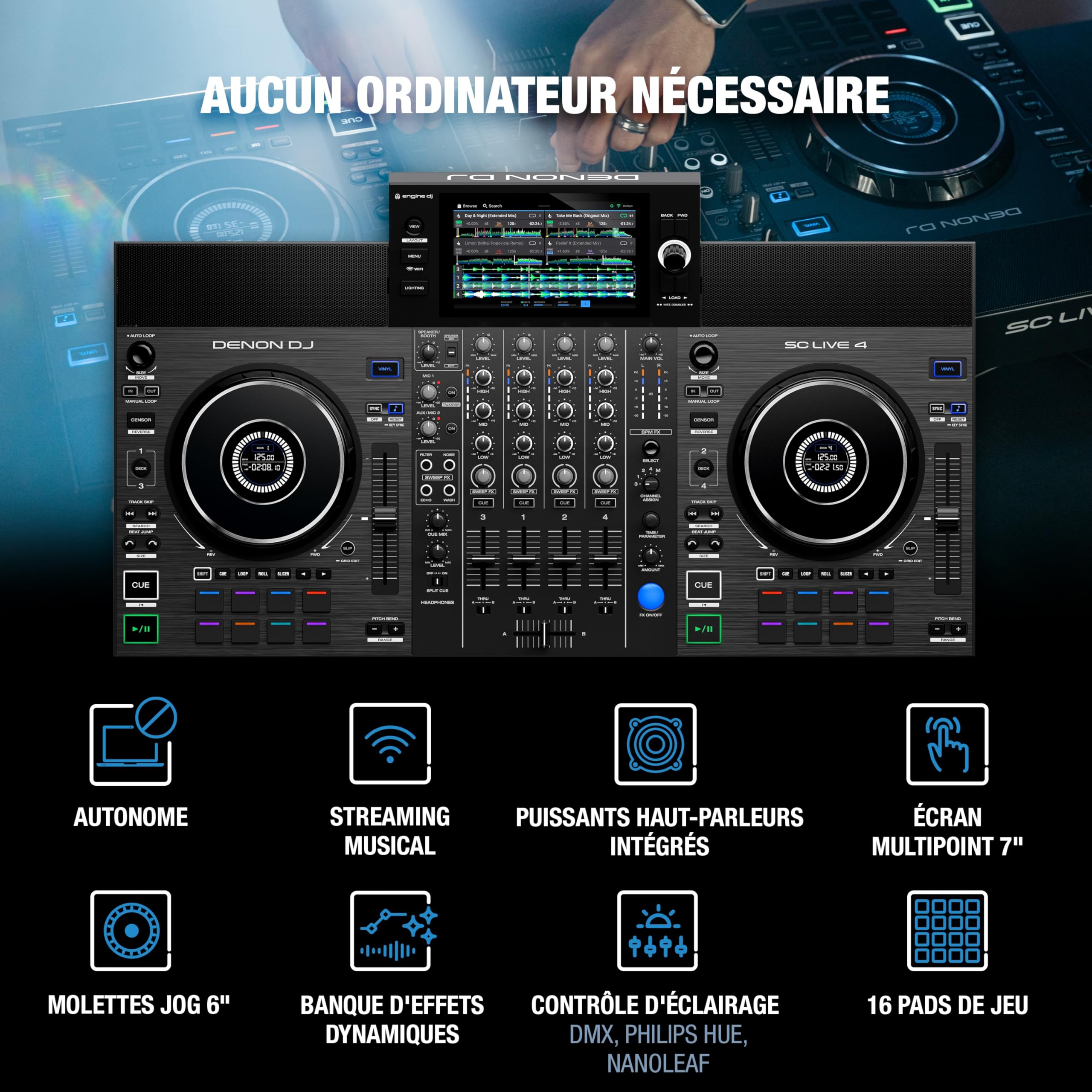 Denon DJ SC LIVE 4 contrôleur DJ autonome avec séparation Stems sur 4 platines, Wi-Fi, haut-parleurs intégrés, compatible Serato DJ et Virtual DJ