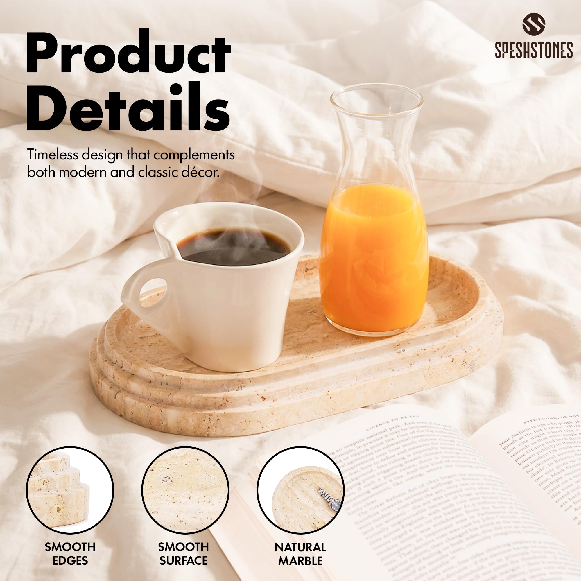 SPESHSTONES Vassoio in travertino da 24 cm, in marmo fatto a mano, per accessori da bagno, vassoi decorativi per tavolino da caffè e portacandele, vassoio per gioielli, organizer per profumi per