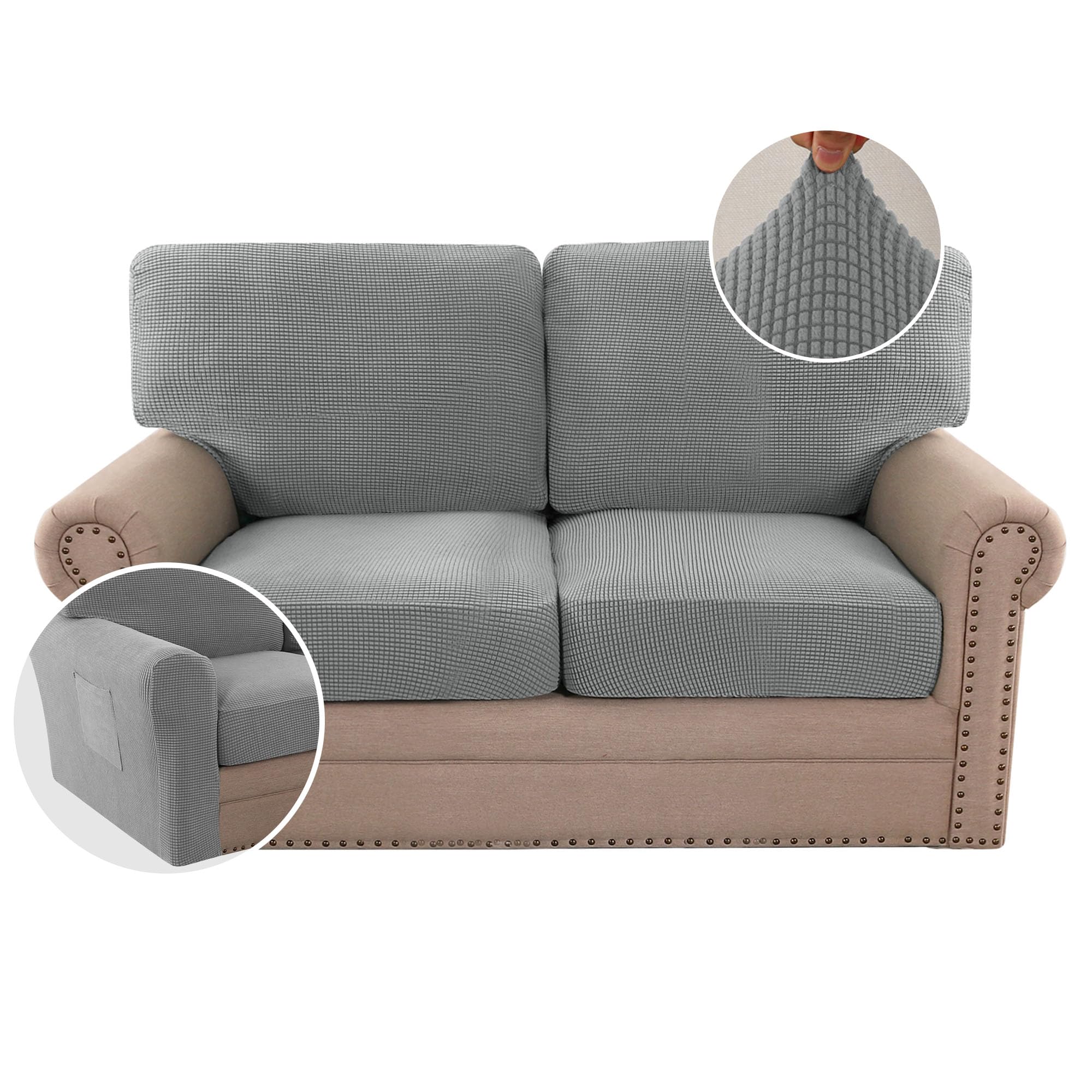 H.VERSAILTEX 2024 New Trend Multi-Pieces Sofa Covers Stretch Couch Covers Form Fitted Seats and Back Cushions Covers (2 Seat Covers Plus 2 Back Cusion Covers, Bonus 2 Armrest Covers), Dove