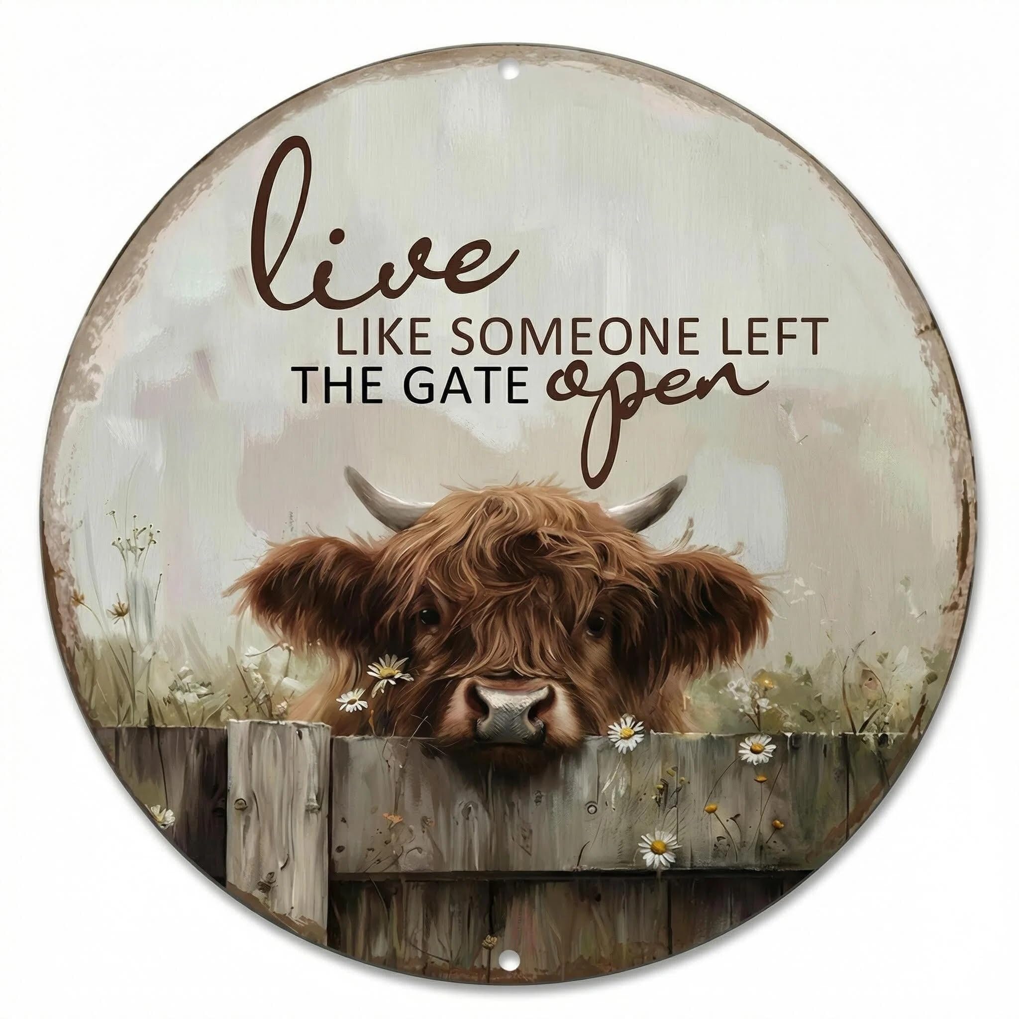 Qiansse Multi-Colored Vintage Highland Cow Wall Art,8X8 Inch Round Metal Tin Sign