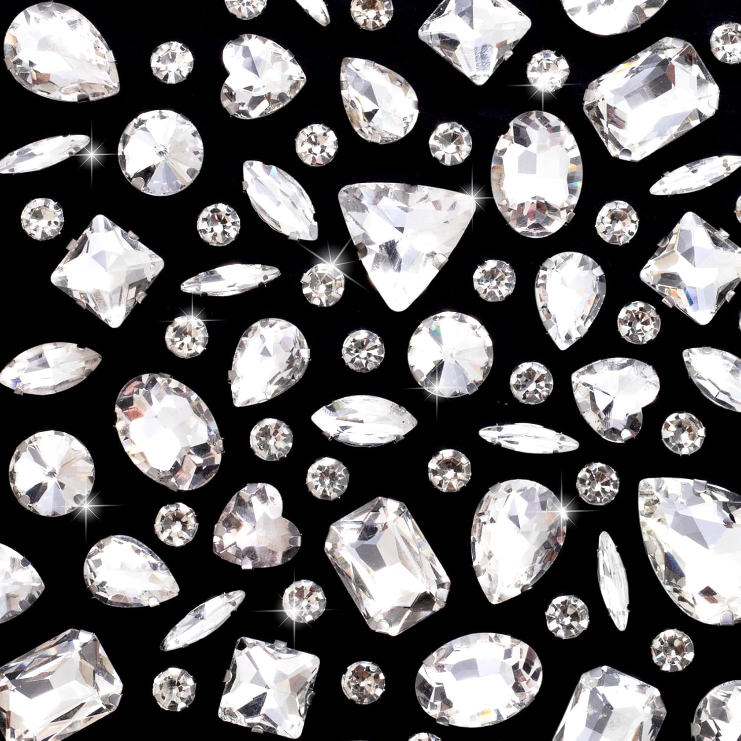 50pcs Sew on Rhinestones, Mixed Shapes Sew on Glass Crystal Gems, Flatback Rhinestones Jewels Craft Embellishments with Single Claw for Decorating Garments Shoes Handbags Necklaces-White