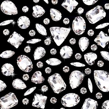 50pcs Sew on Rhinestones, Mixed Shapes Sew on Glass Crystal Gems, Flatback Rhinestones Jewels Craft Embellishments with Single Claw for Decorating Garments Shoes Handbags Necklaces-White