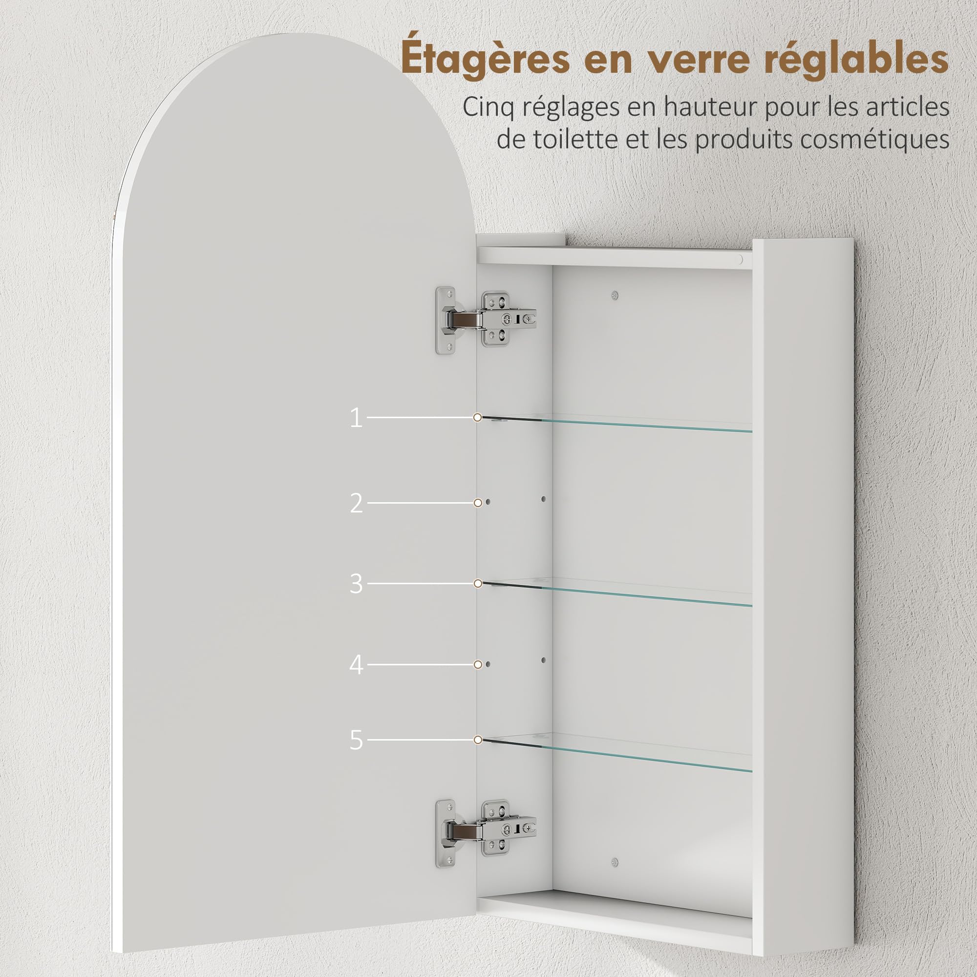 HOMCOM Wandschrank für Badezimmer mit Spiegel, 40 x 12 x 80 cm, Badezimmermöbel, rahmenloser Spiegelschrank mit Bogen und verstellbaren Glasböden, weiß