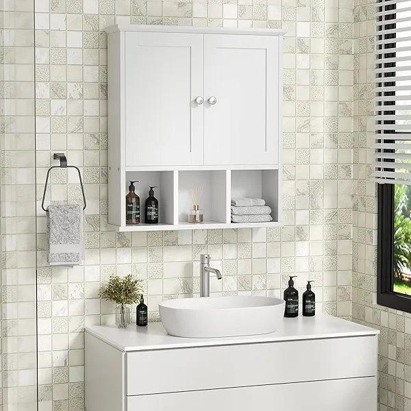 Shintenchi Bathroom Wall Cabinet with Door, Storage Organizer Over The Toilet Medicine, Space Saving with Adjustable & Open Shelf, Solid White